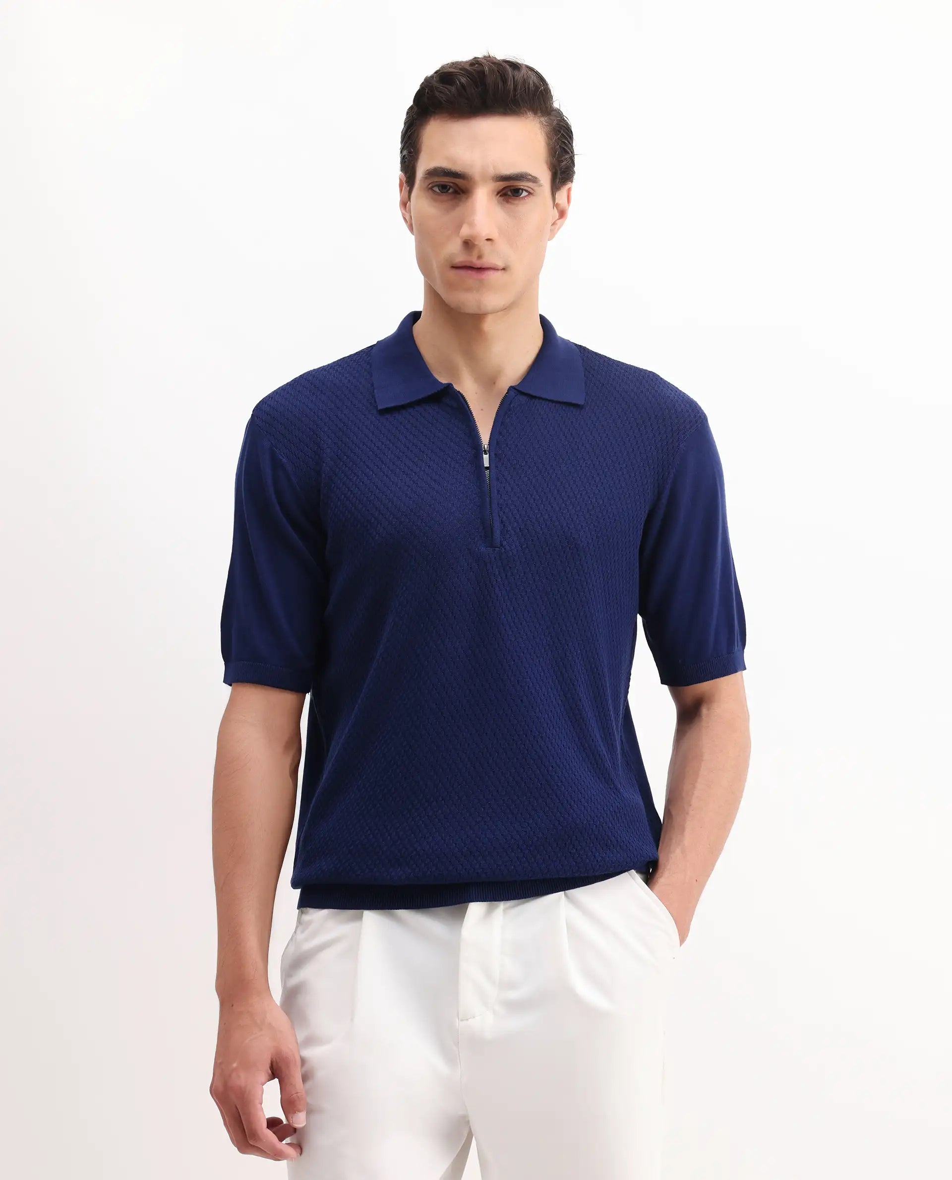 Rare Rabbit Men's Sony Dark Blue Cotton Textured Regular Fit Half Sleeve Polo