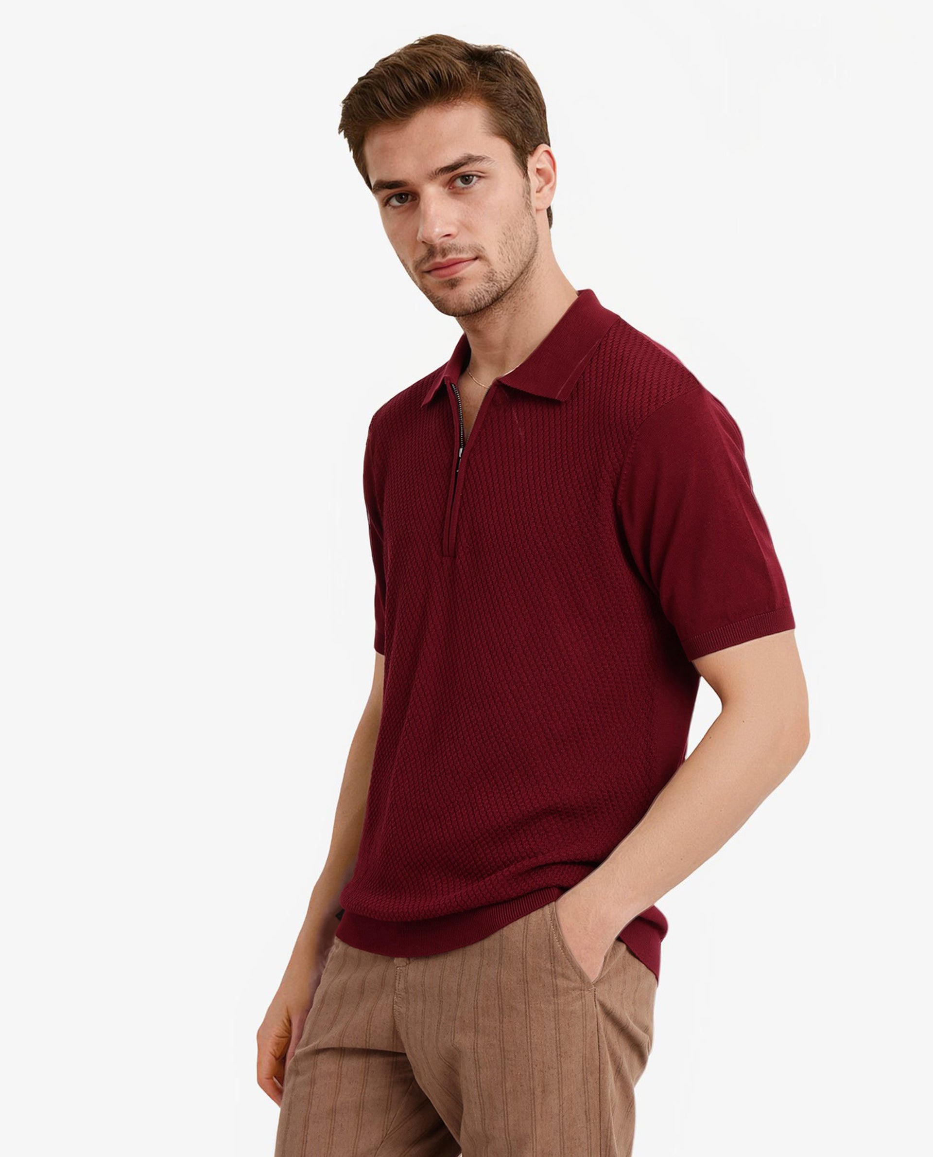 Rare Rabbit Men Sony Maroon Cotton Fabric Short Sleeve Zipper Closure Regular Fit Textured Polo T-Shirt