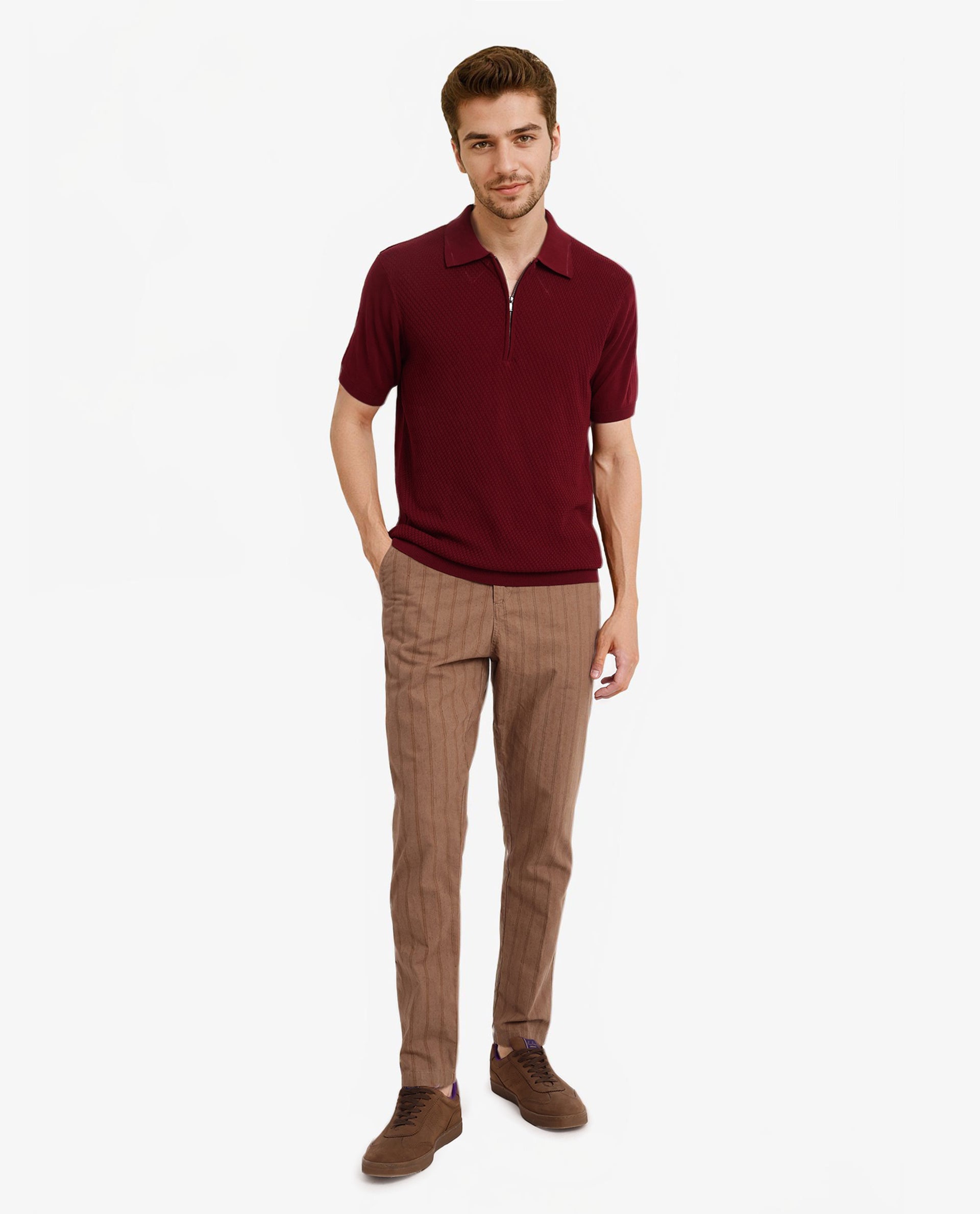 Rare Rabbit Men Sony Maroon Cotton Fabric Short Sleeve Zipper Closure Regular Fit Textured Polo T-Shirt