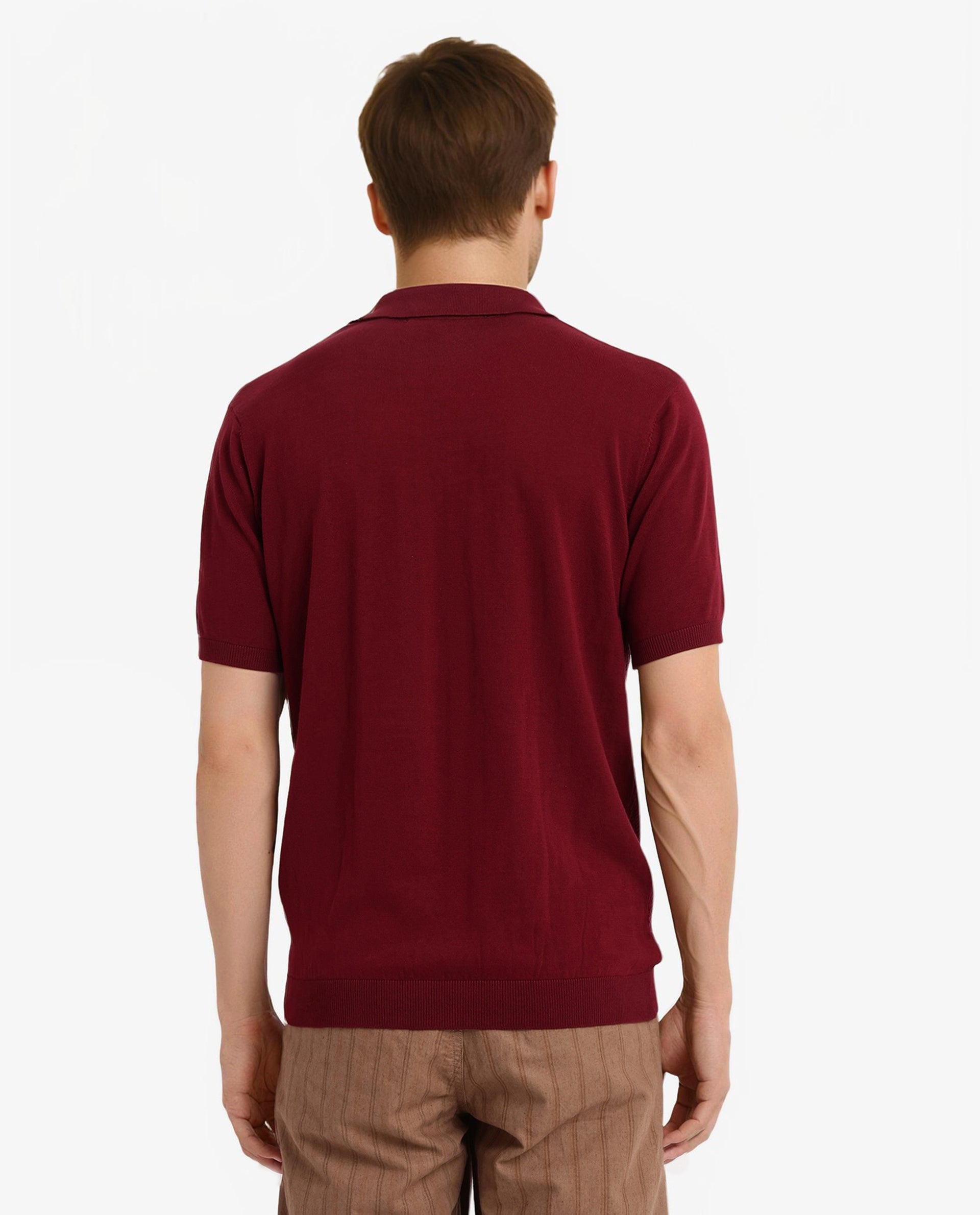 Rare Rabbit Men Sony Maroon Cotton Fabric Short Sleeve Zipper Closure Regular Fit Textured Polo T-Shirt