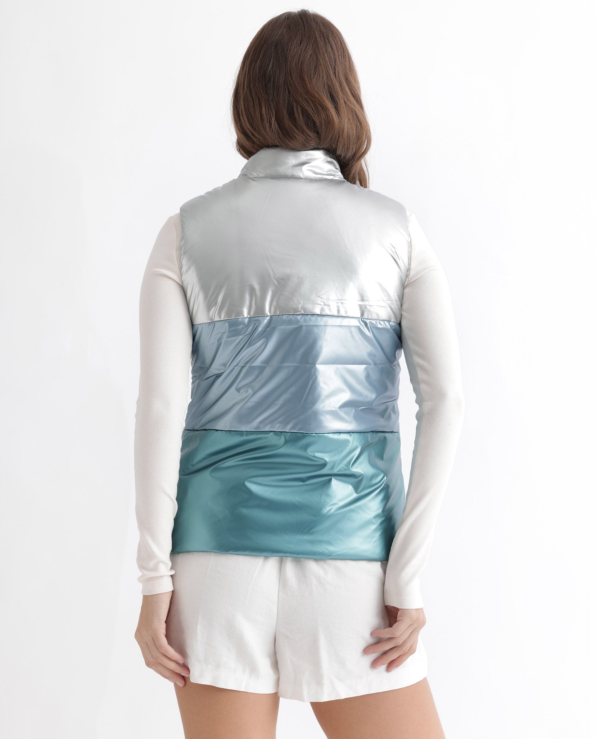 Rareism Women Sophia Silver Polyester Fabric Sleeveless Solid High Neck Jacket