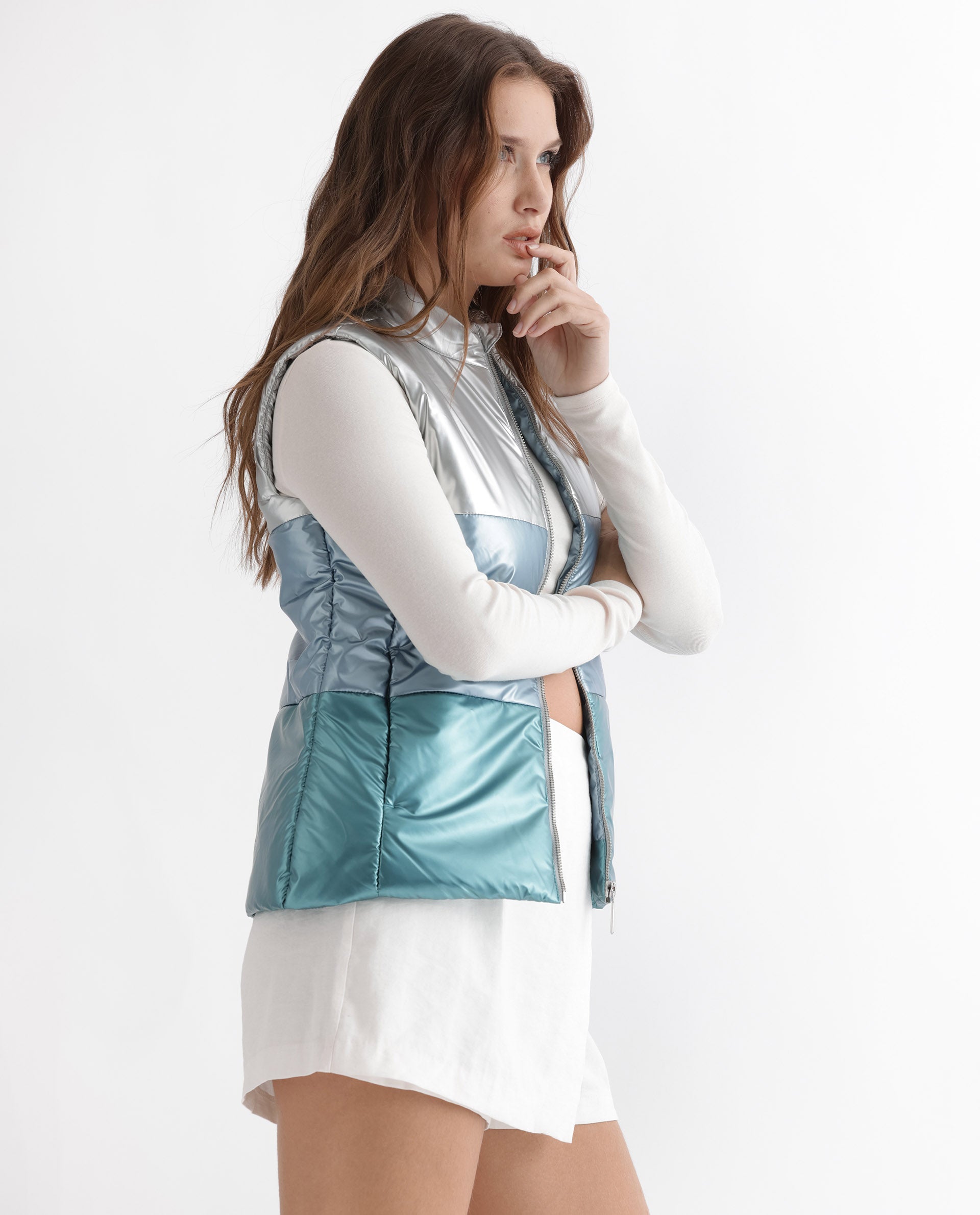 Rareism Women Sophia Silver Polyester Fabric Sleeveless Solid High Neck Jacket