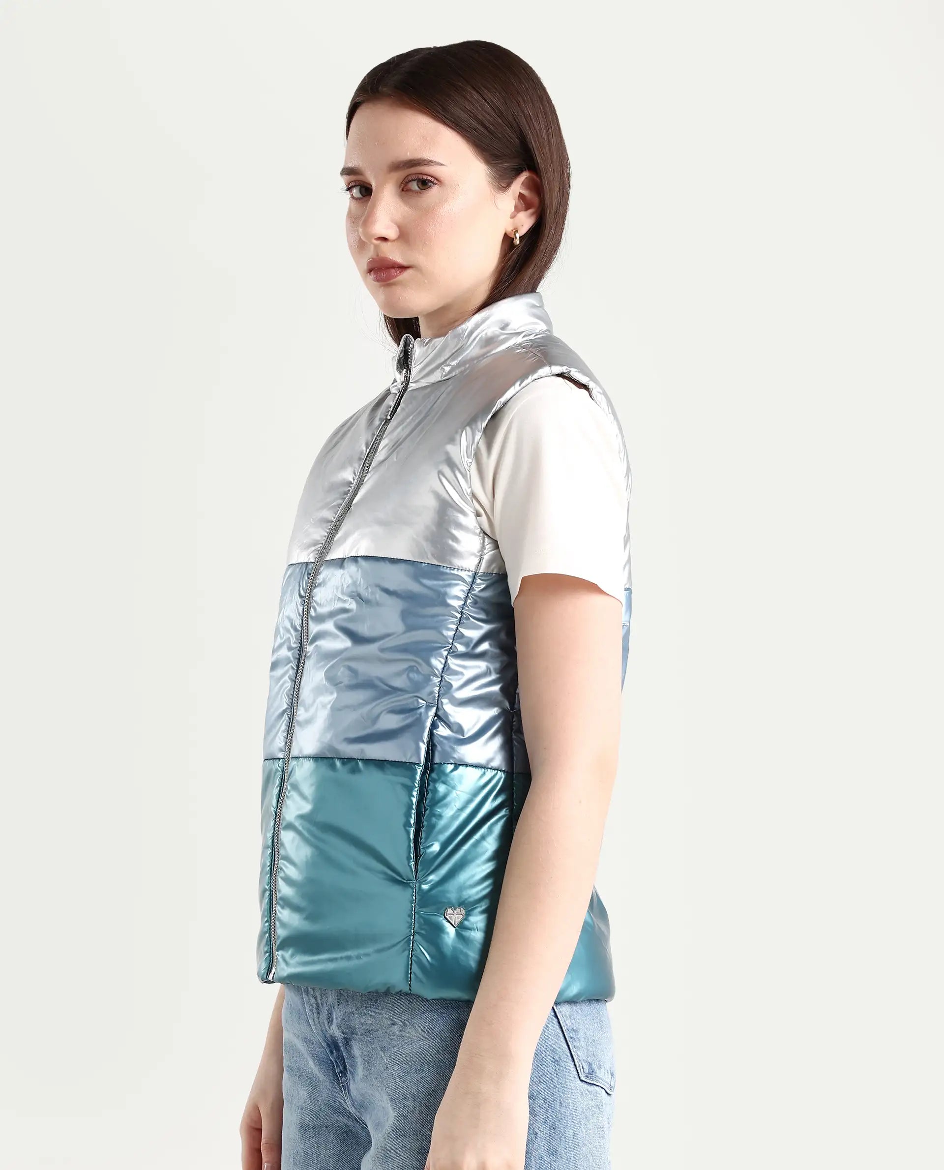 Rareism Women's Sophia Silver Polyester High Neck Color Block Sleeveless Regular Fit Jacket
