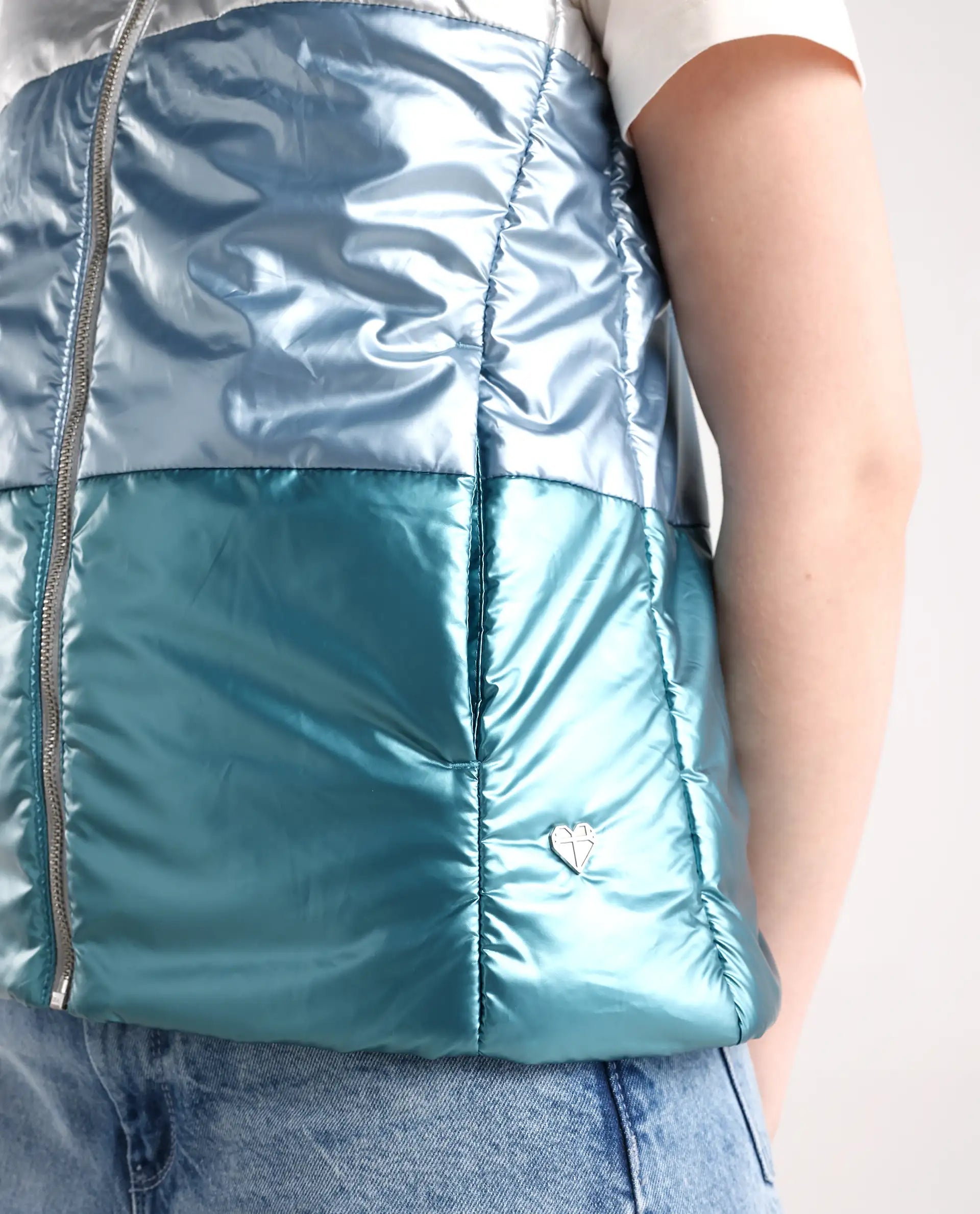 Rareism Women's Sophia Silver Polyester High Neck Color Block Sleeveless Regular Fit Jacket