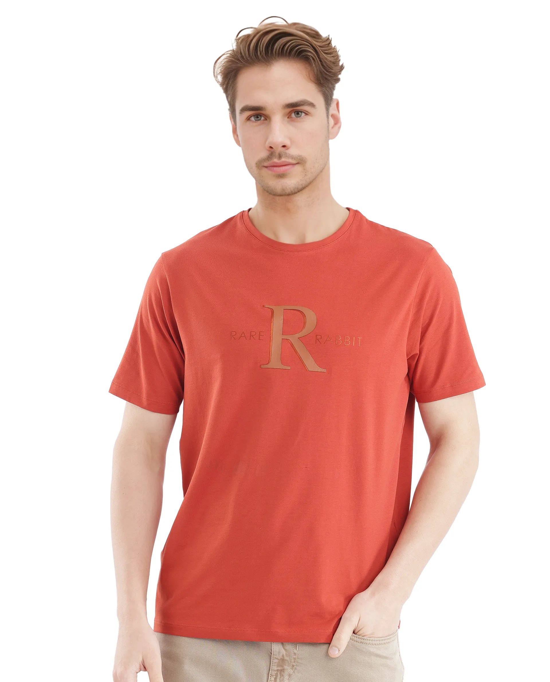 Rare Rabbit Men's Sorin-1 Rust Cotton Lycra Fabric Short Sleeve Crew Neck Graphic Print T-Shirt