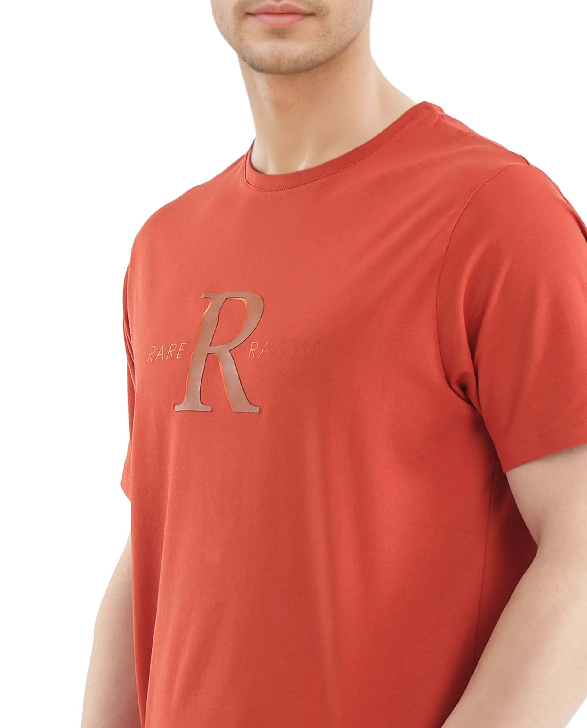 Rare Rabbit Men's Sorin-1 Rust Cotton Lycra Fabric Short Sleeve Crew Neck Graphic Print T-Shirt