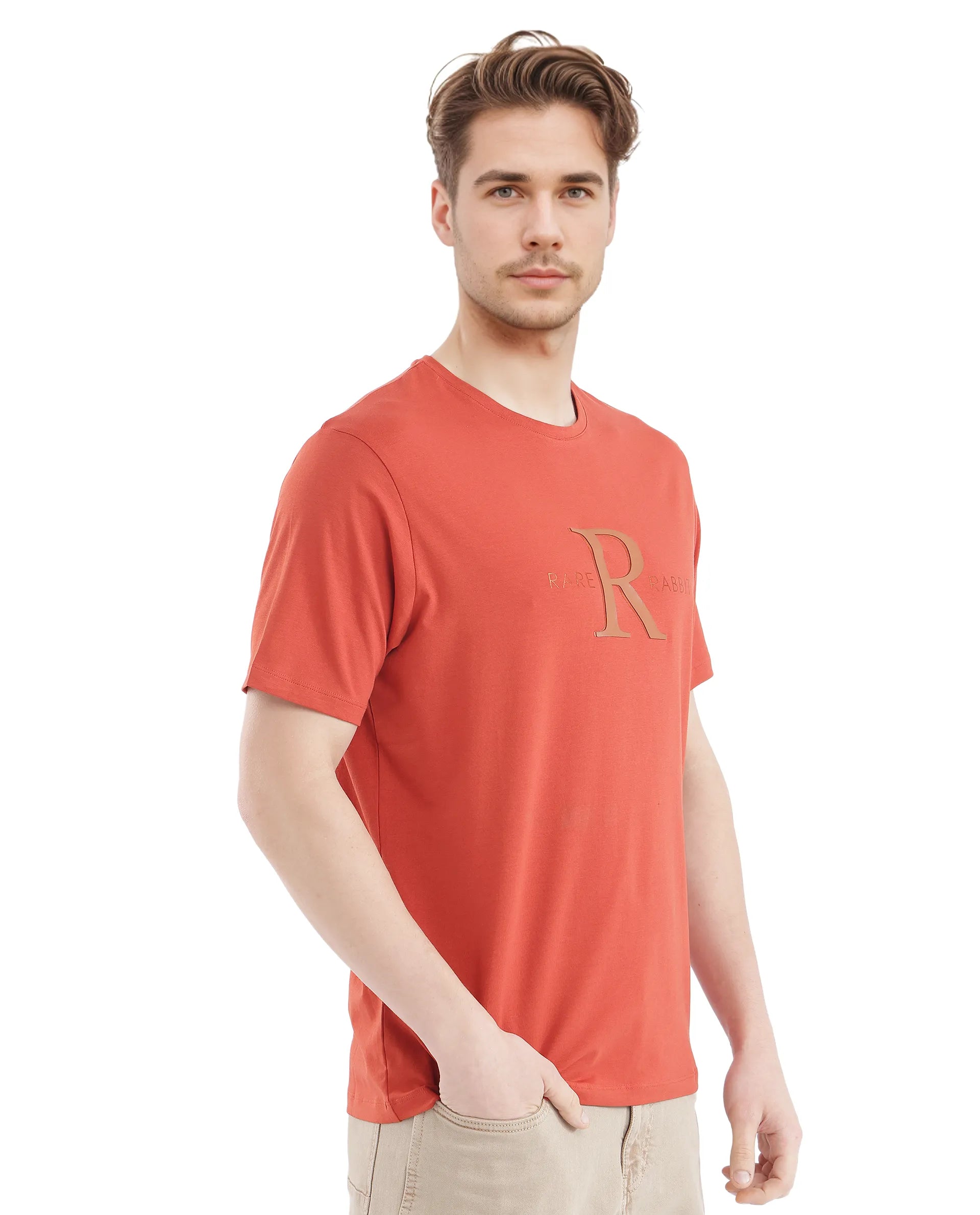 Rare Rabbit Men's Sorin-1 Rust Cotton Lycra Fabric Short Sleeve Crew Neck Graphic Print T-Shirt