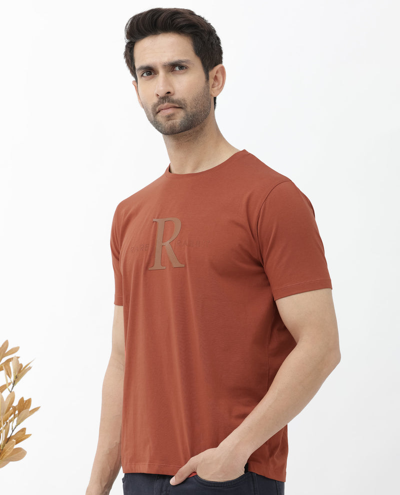 Rare Rabbit Mens Sorin Rust Cotton Lycra Fabric Short Sleeve Regular Fit Graphic Print T-Shirt