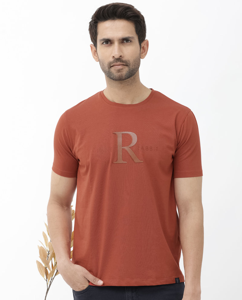 Rare Rabbit Mens Sorin Rust Cotton Lycra Fabric Short Sleeve Regular Fit Graphic Print T-Shirt