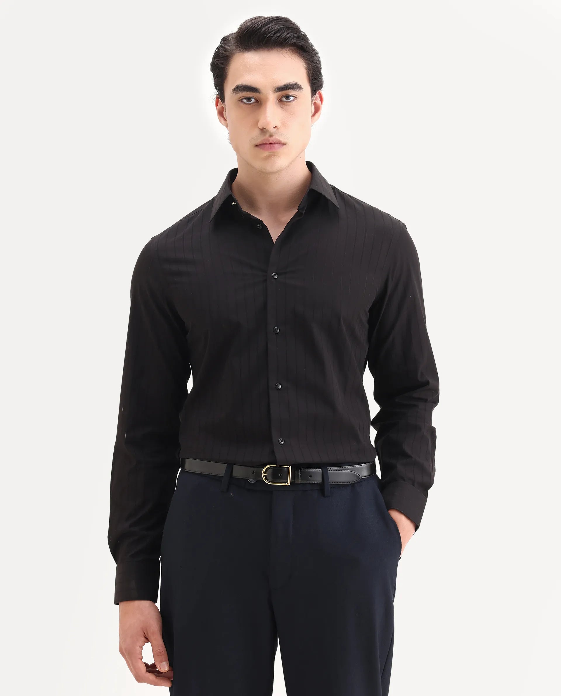 Rare Rabbit Men's Sorn Black Cotton Fabric Spread Collar Regular Fit Striped Shirt