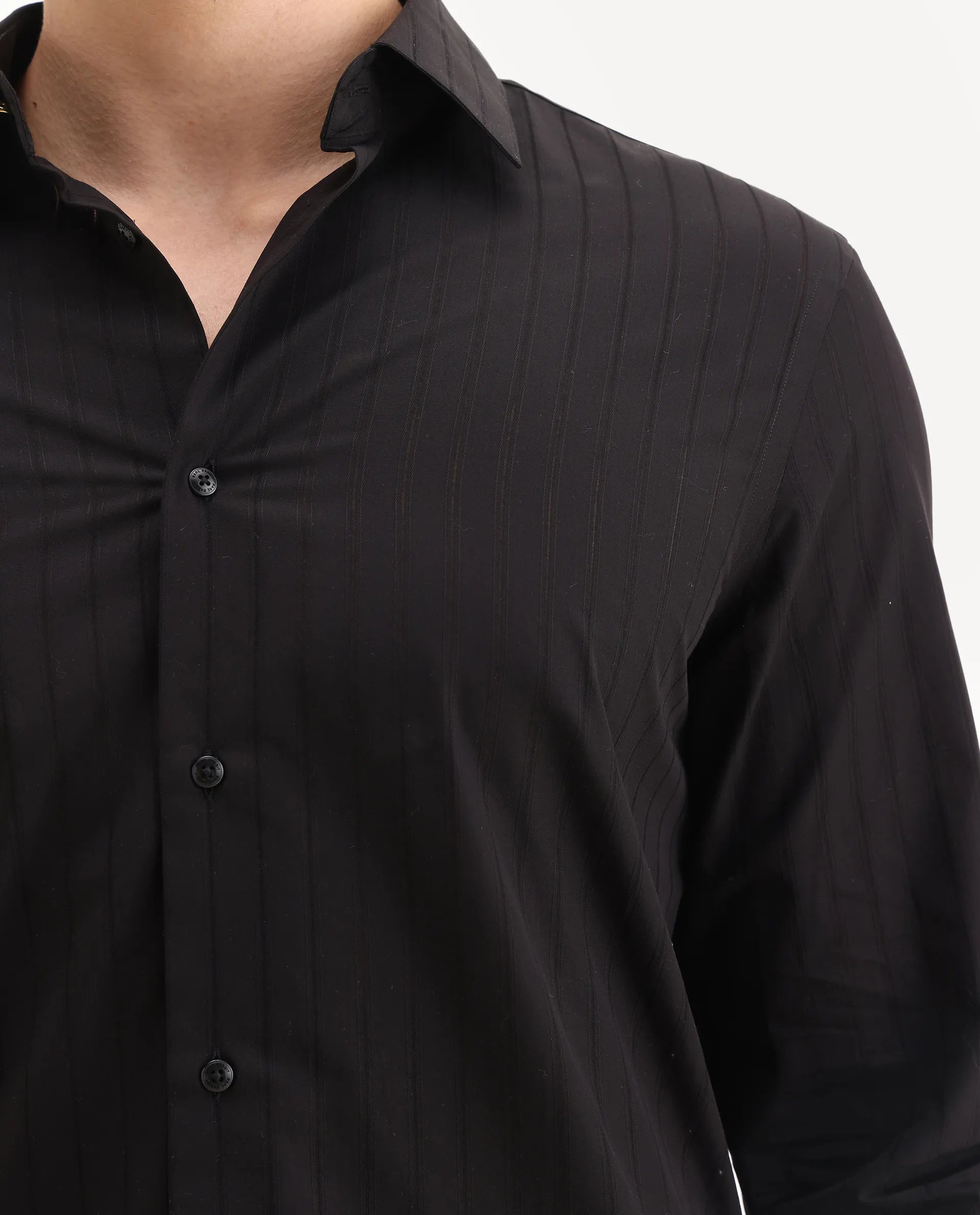 Rare Rabbit Men's Sorn Black Cotton Fabric Spread Collar Regular Fit Striped Shirt