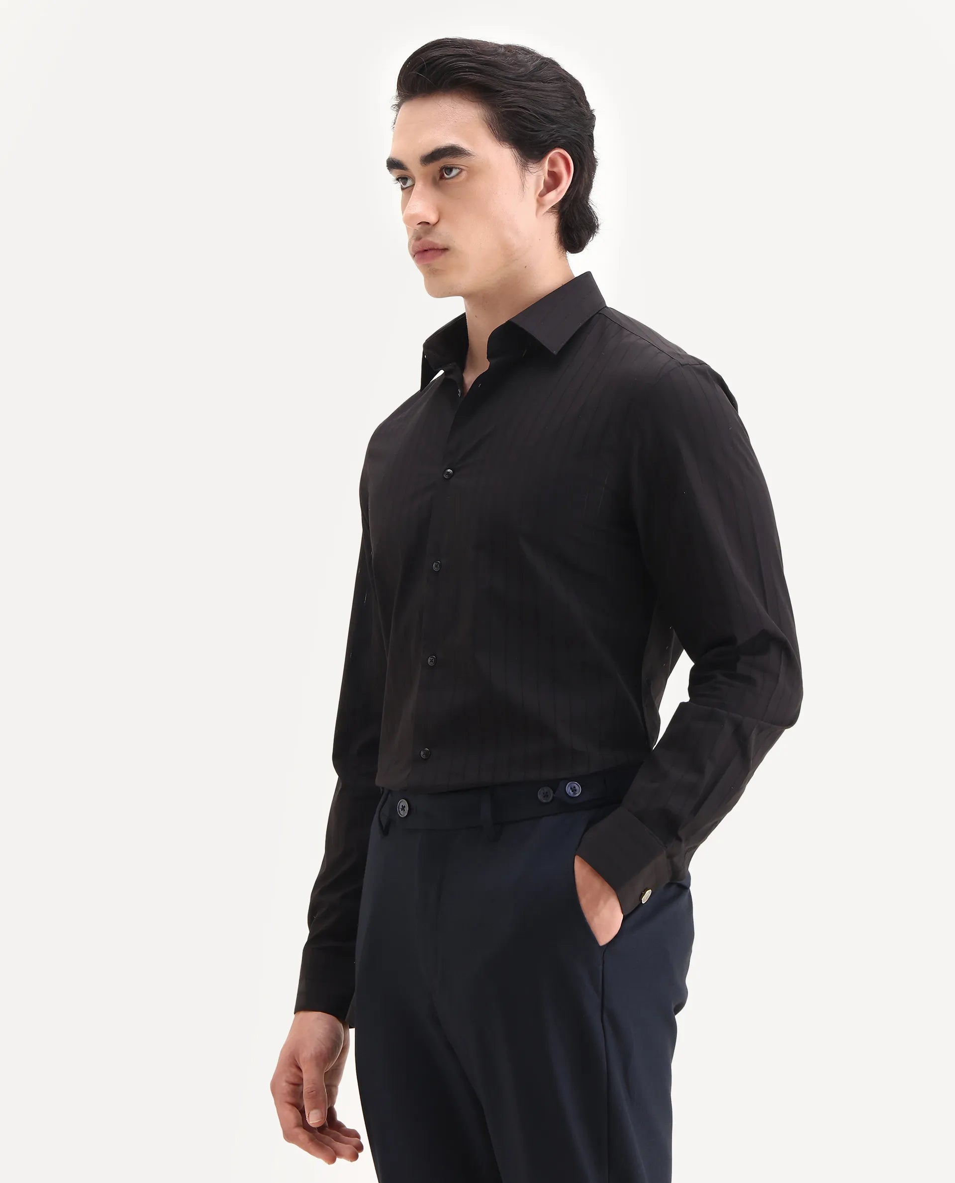 Rare Rabbit Men's Sorn Black Cotton Fabric Spread Collar Regular Fit Striped Shirt