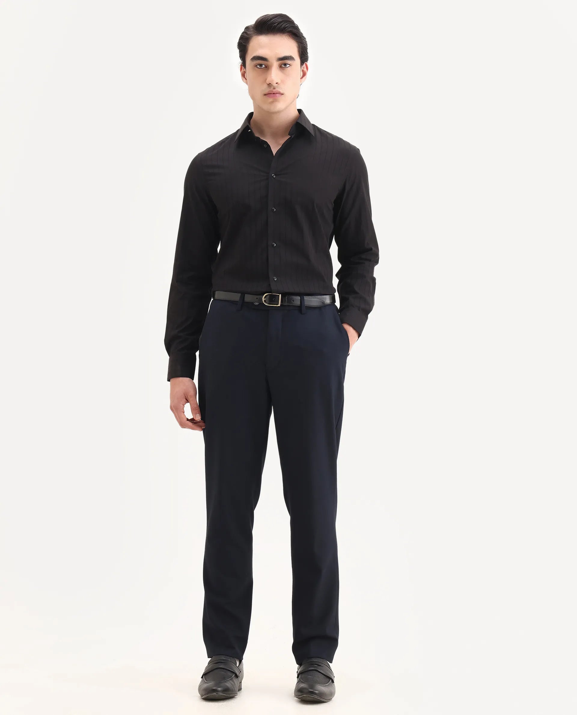 Rare Rabbit Men's Sorn Black Cotton Fabric Spread Collar Regular Fit Striped Shirt