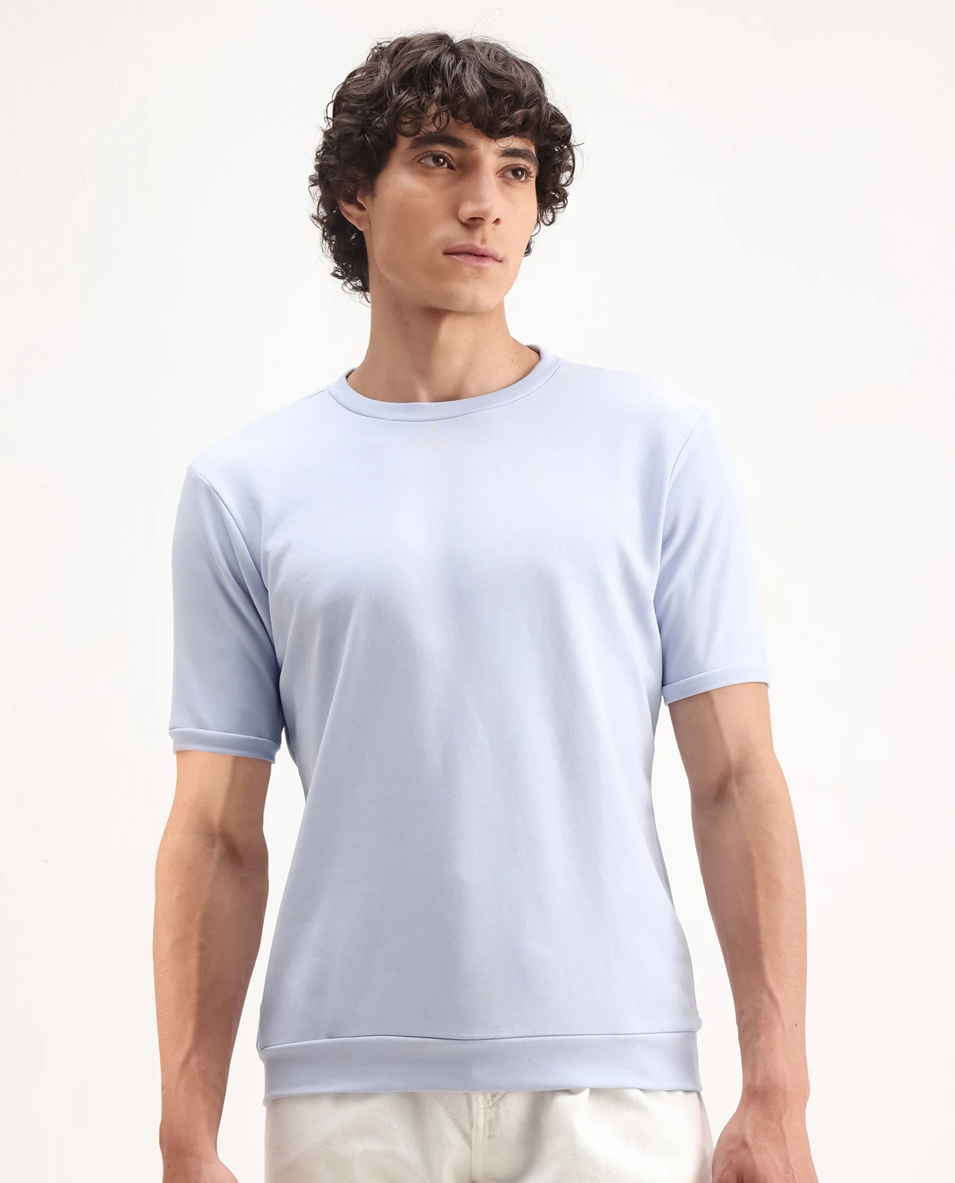 Rare Rabbit Men's Sorp Light Blue Cotton Embroidered Oversized Fit Half Sleeve Crew Neck T-Shirt