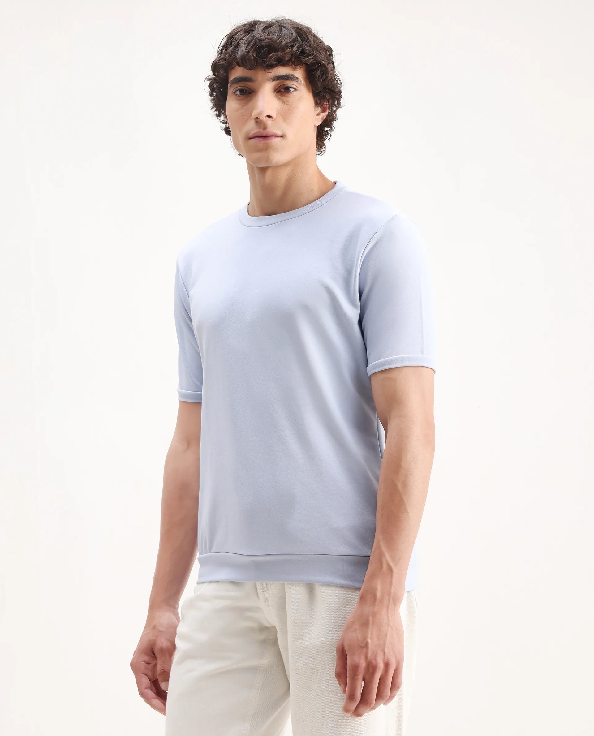 Rare Rabbit Men's Sorp Light Blue Cotton Embroidered Oversized Fit Half Sleeve Crew Neck T-Shirt