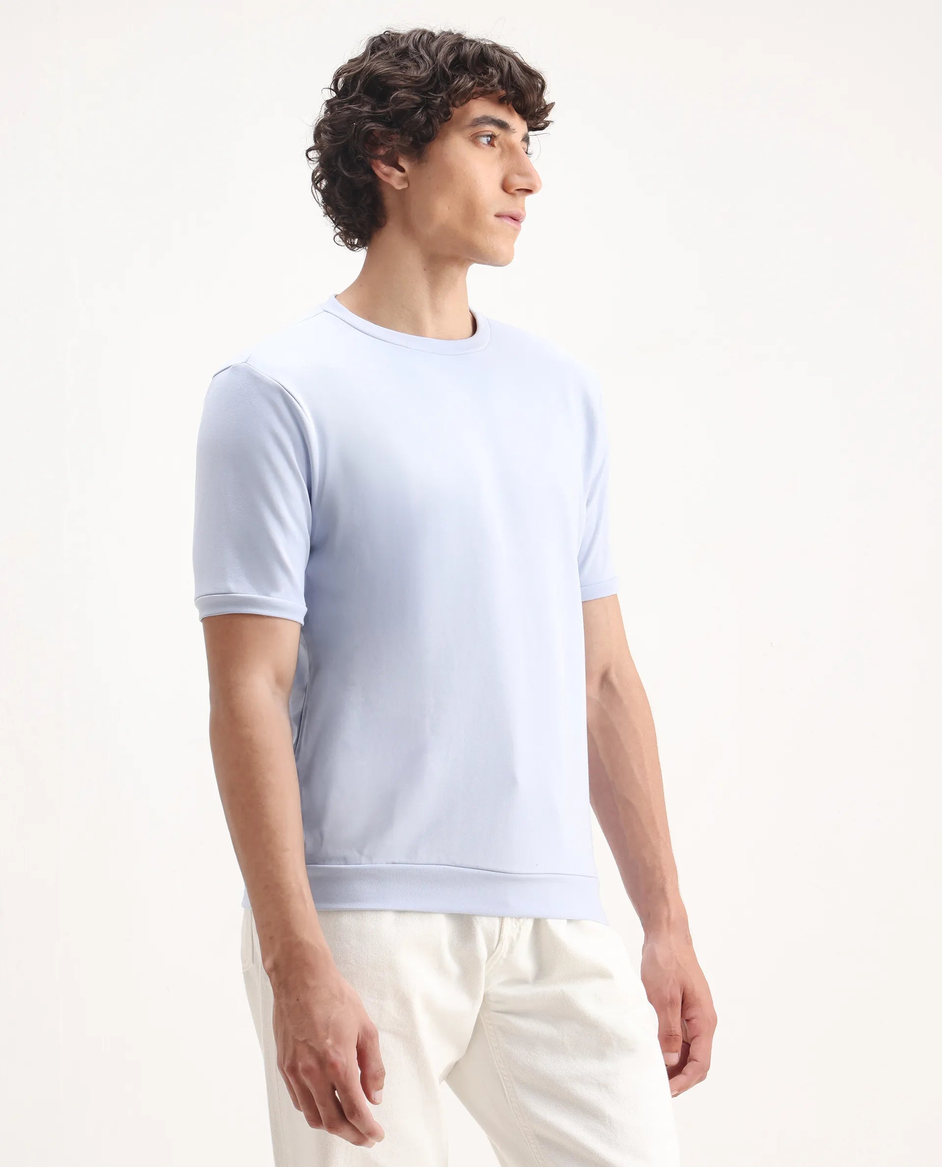 Rare Rabbit Men's Sorp Light Blue Cotton Embroidered Oversized Fit Half Sleeve Crew Neck T-Shirt