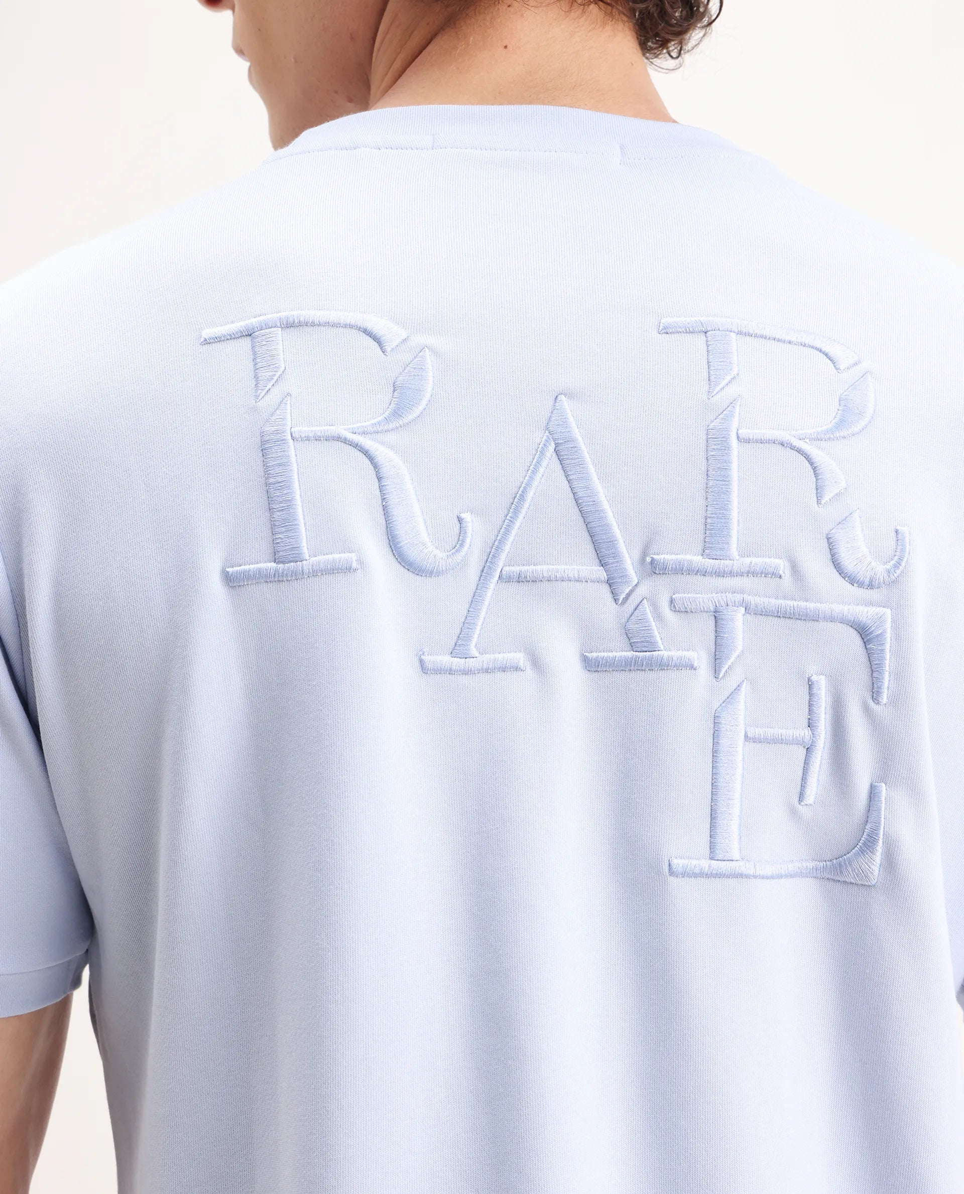 Rare Rabbit Men's Sorp Light Blue Cotton Embroidered Oversized Fit Half Sleeve Crew Neck T-Shirt