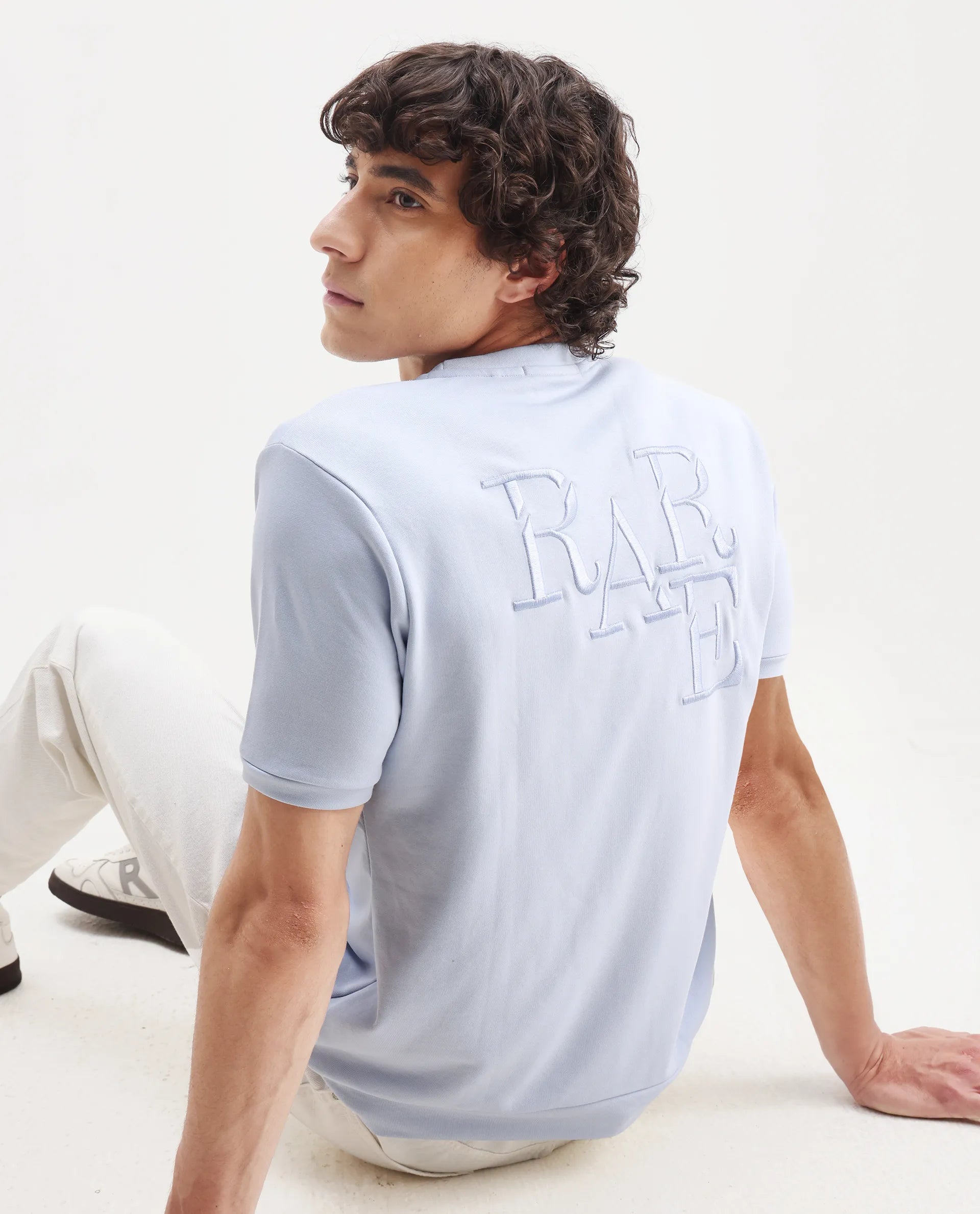 Rare Rabbit Men's Sorp Light Blue Cotton Embroidered Oversized Fit Half Sleeve Crew Neck T-Shirt