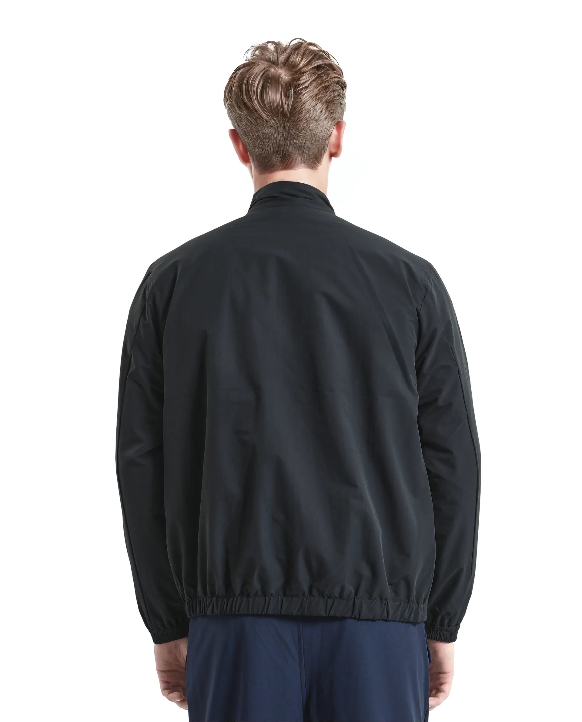 Rare Rabbit Men Soweto Navy Polyester Fabric Full Sleeve Curved Collar Plain Jacket