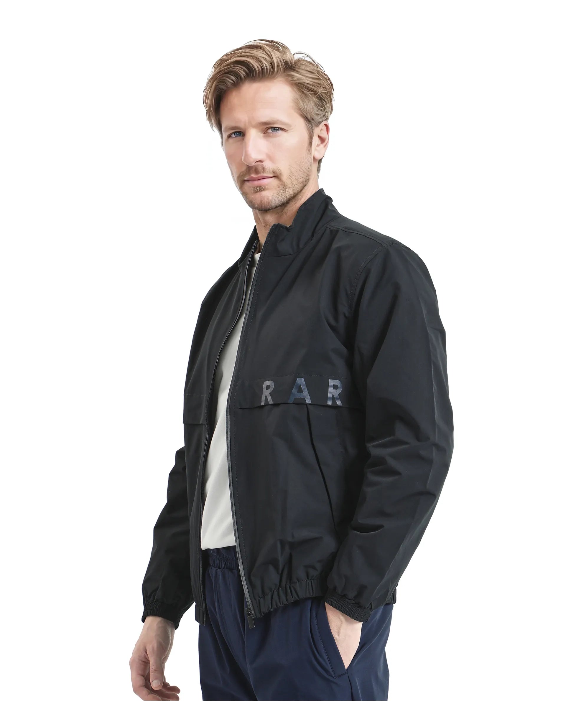 Rare Rabbit Men Soweto Navy Polyester Fabric Full Sleeve Curved Collar Plain Jacket