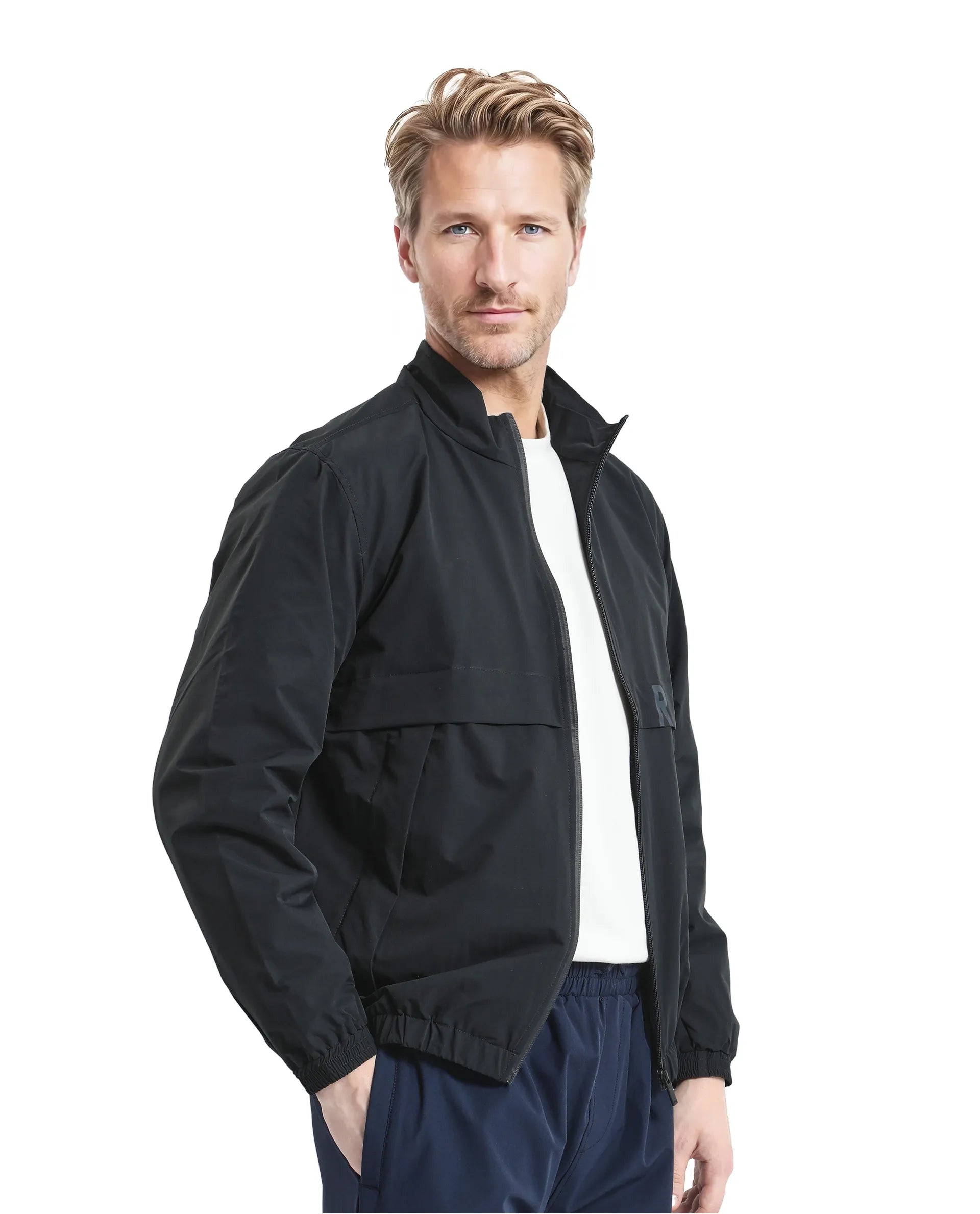 Rare Rabbit Men Soweto Navy Polyester Fabric Full Sleeve Curved Collar Plain Jacket