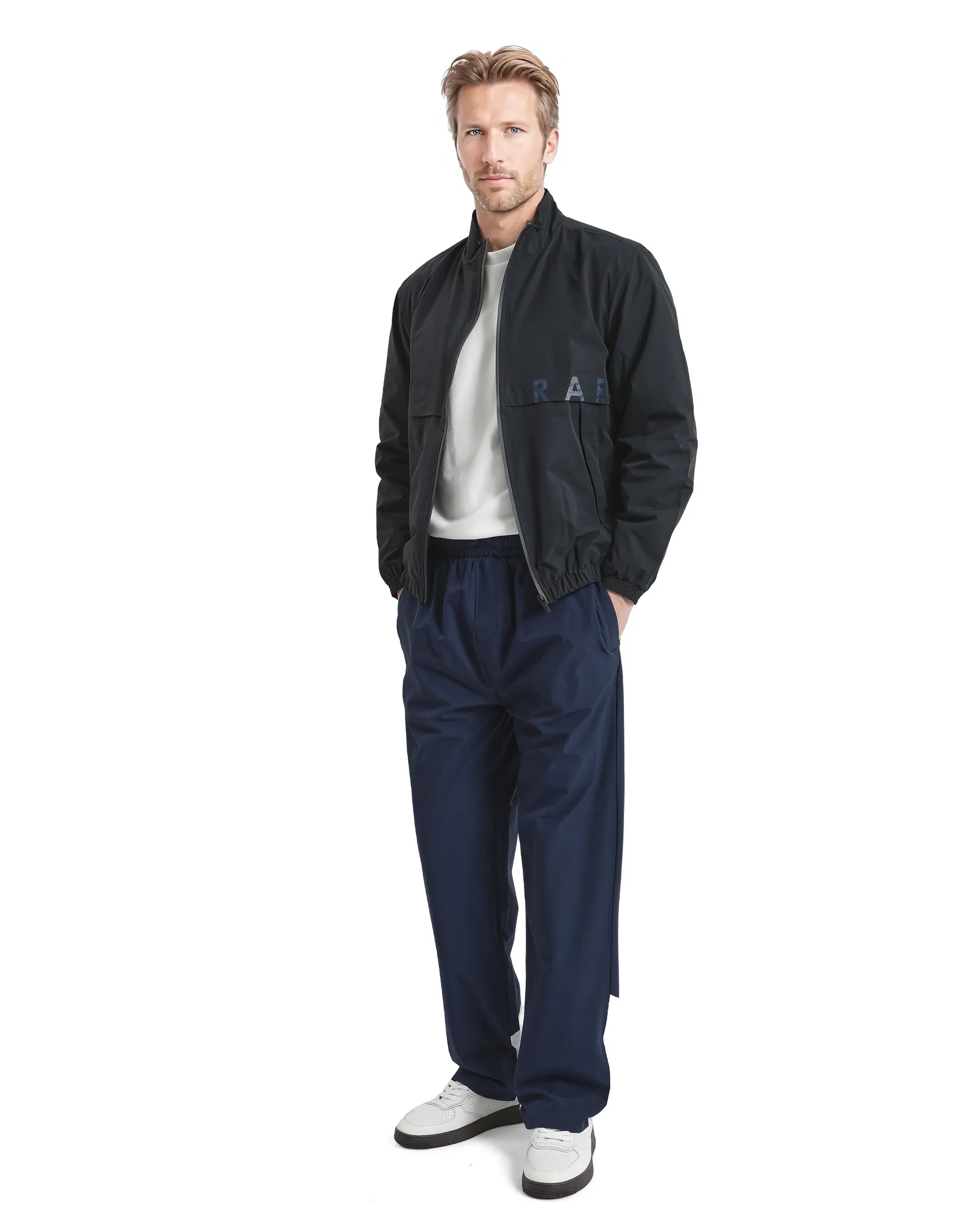 Rare Rabbit Men Soweto Navy Polyester Fabric Full Sleeve Curved Collar Plain Jacket