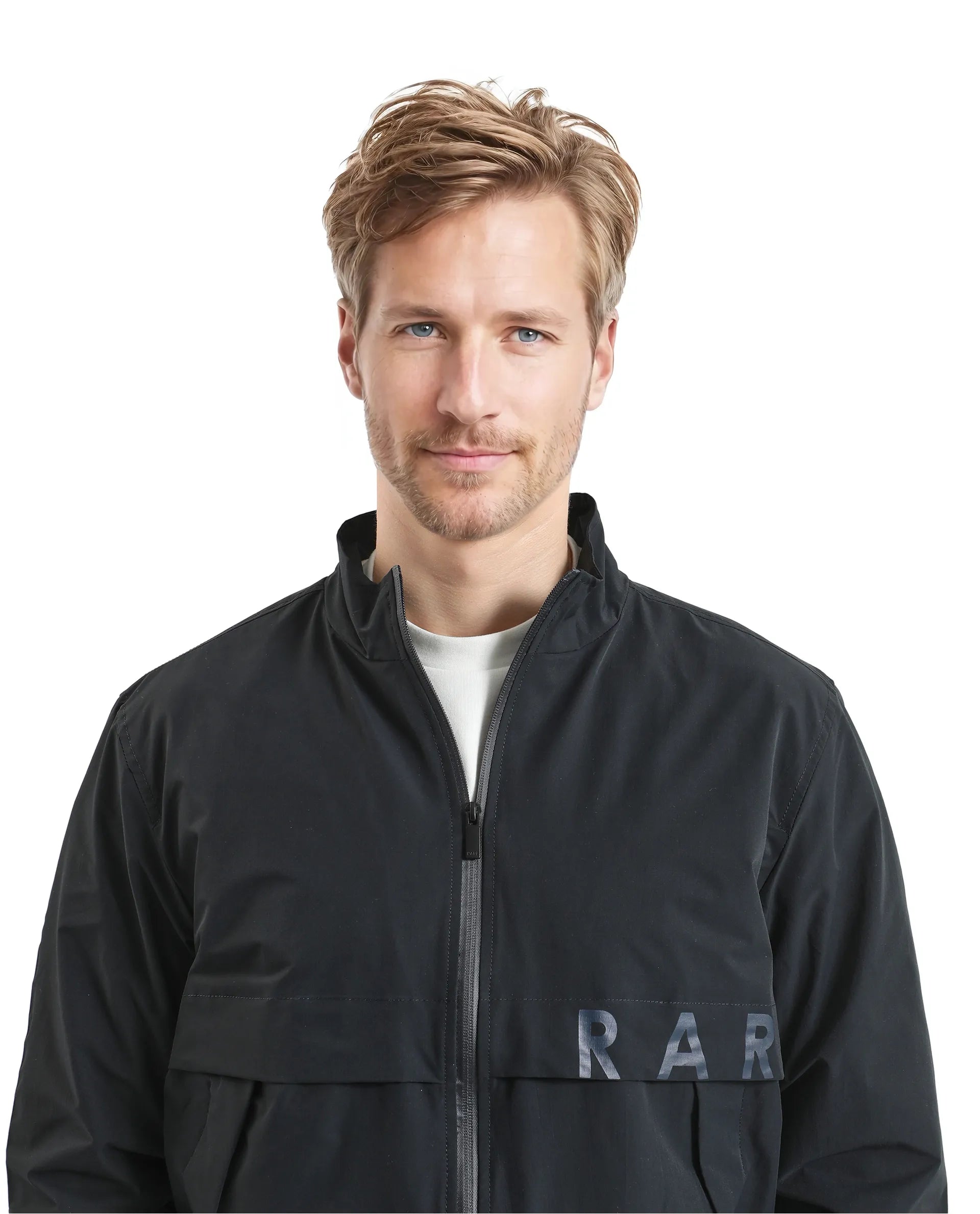 Rare Rabbit Men Soweto Navy Polyester Fabric Full Sleeve Curved Collar Plain Jacket