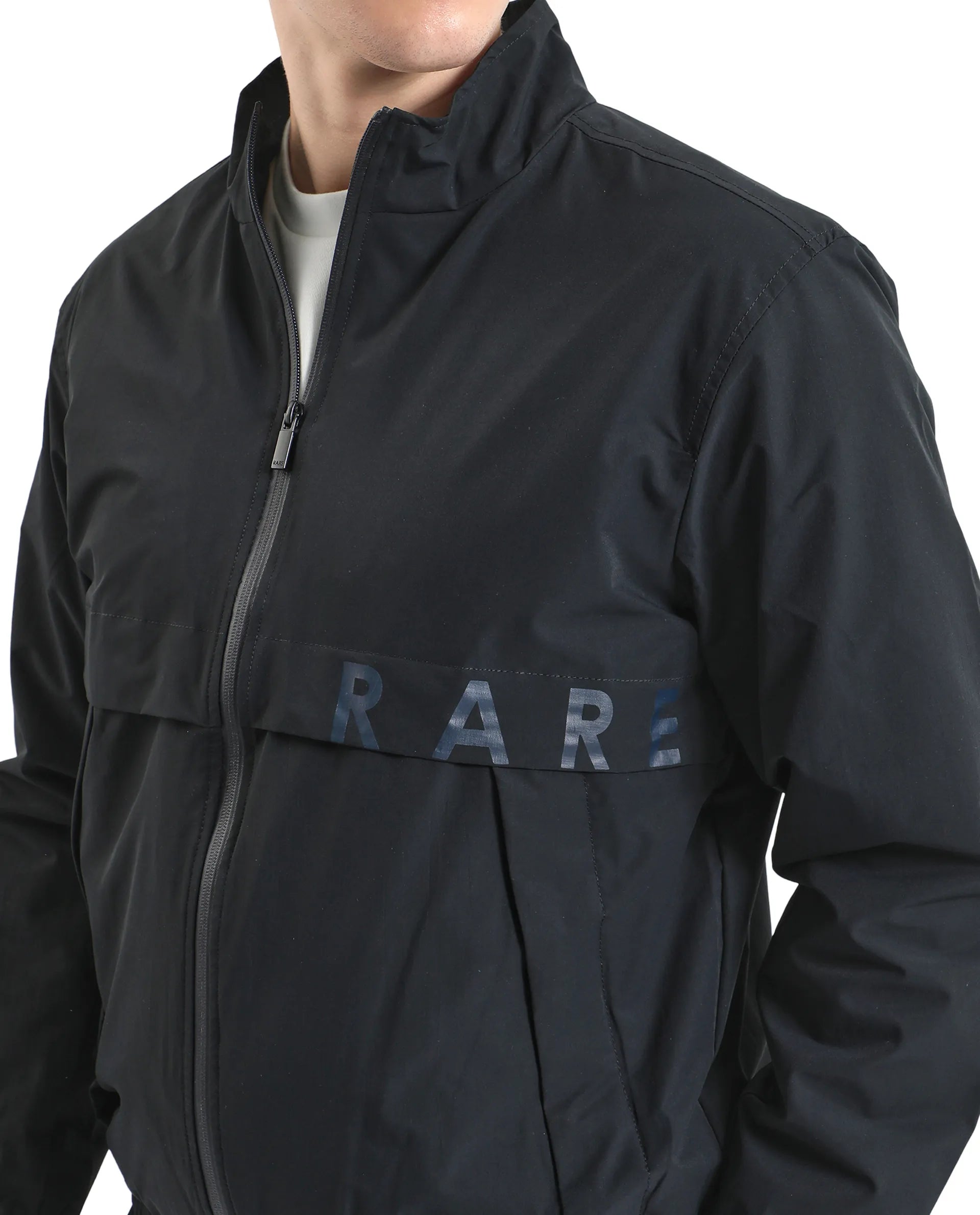 Rare Rabbit Men Soweto Navy Polyester Fabric Full Sleeve Curved Collar Plain Jacket