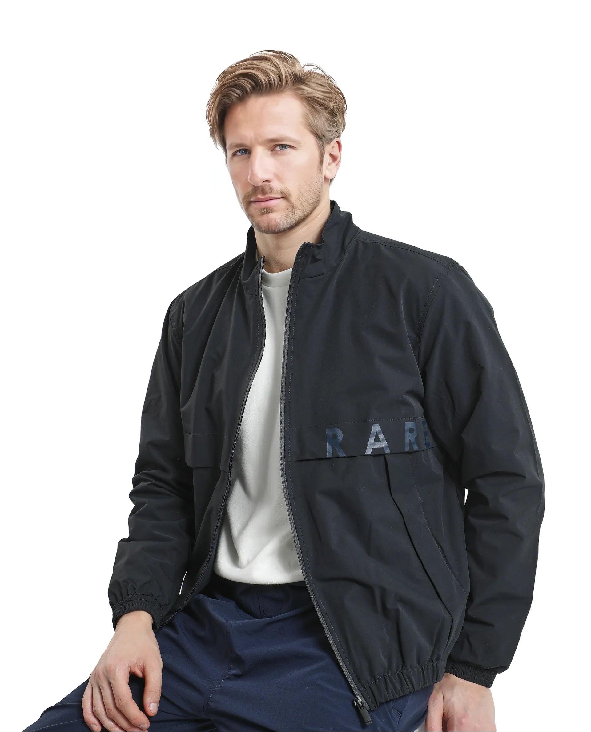 Rare Rabbit Men Soweto Navy Polyester Fabric Full Sleeve Curved Collar Plain Jacket