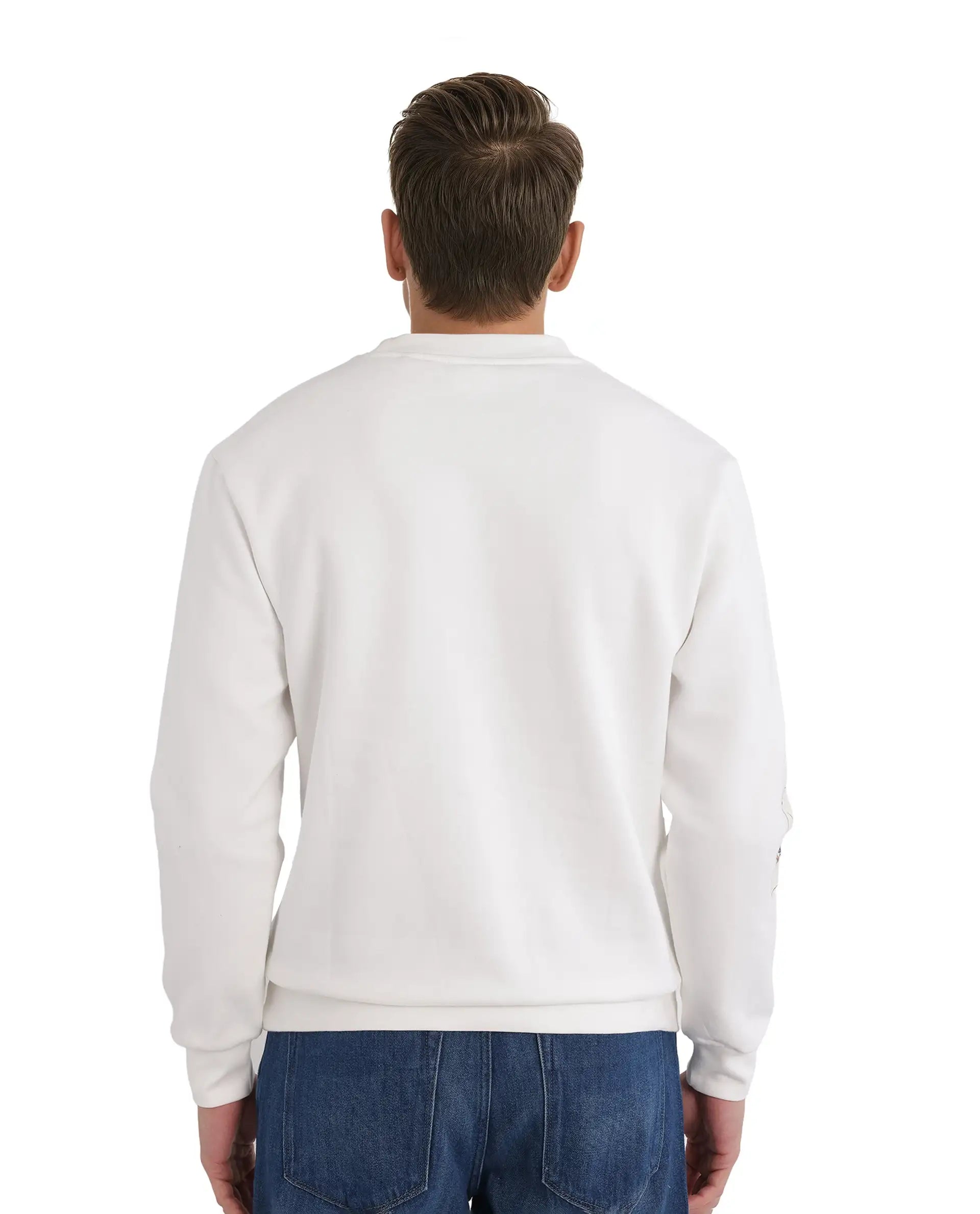 Rare Rabbit Men Spade White Cotton Fabric Full Sleeve Crew Neck Boxy Fit Typography Placement Printed Sweatshirt