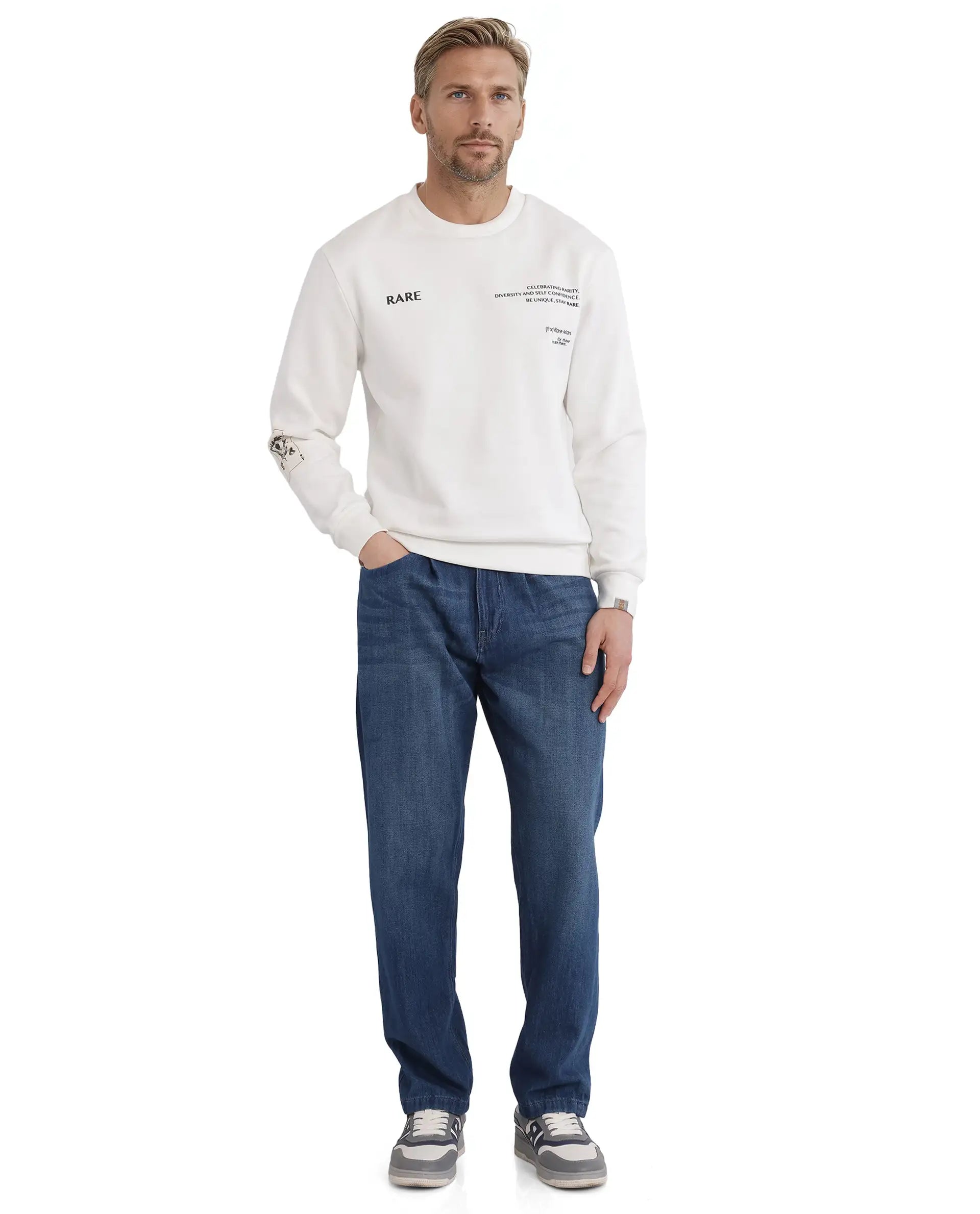 Rare Rabbit Men Spade White Cotton Fabric Full Sleeve Crew Neck Boxy Fit Typography Placement Printed Sweatshirt