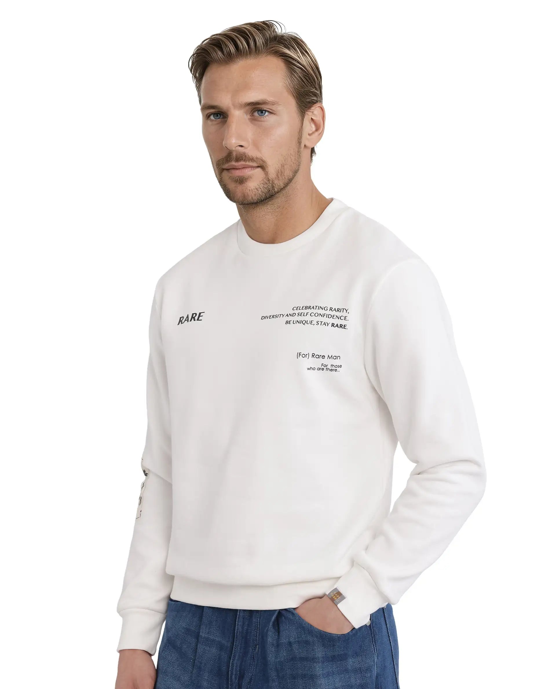 Rare Rabbit Men Spade White Cotton Fabric Full Sleeve Crew Neck Boxy Fit Typography Placement Printed Sweatshirt