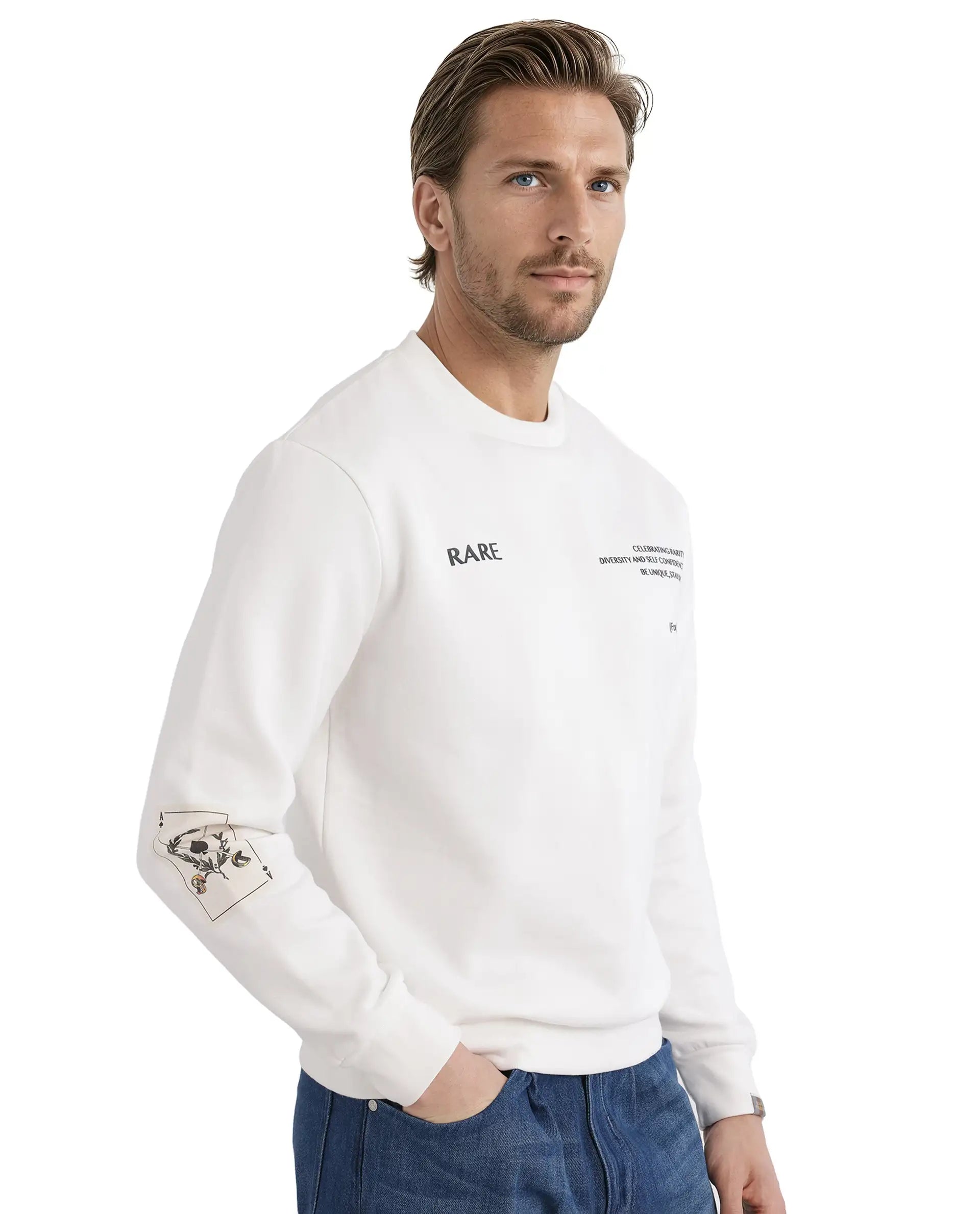 Rare Rabbit Men Spade White Cotton Fabric Full Sleeve Crew Neck Boxy Fit Typography Placement Printed Sweatshirt