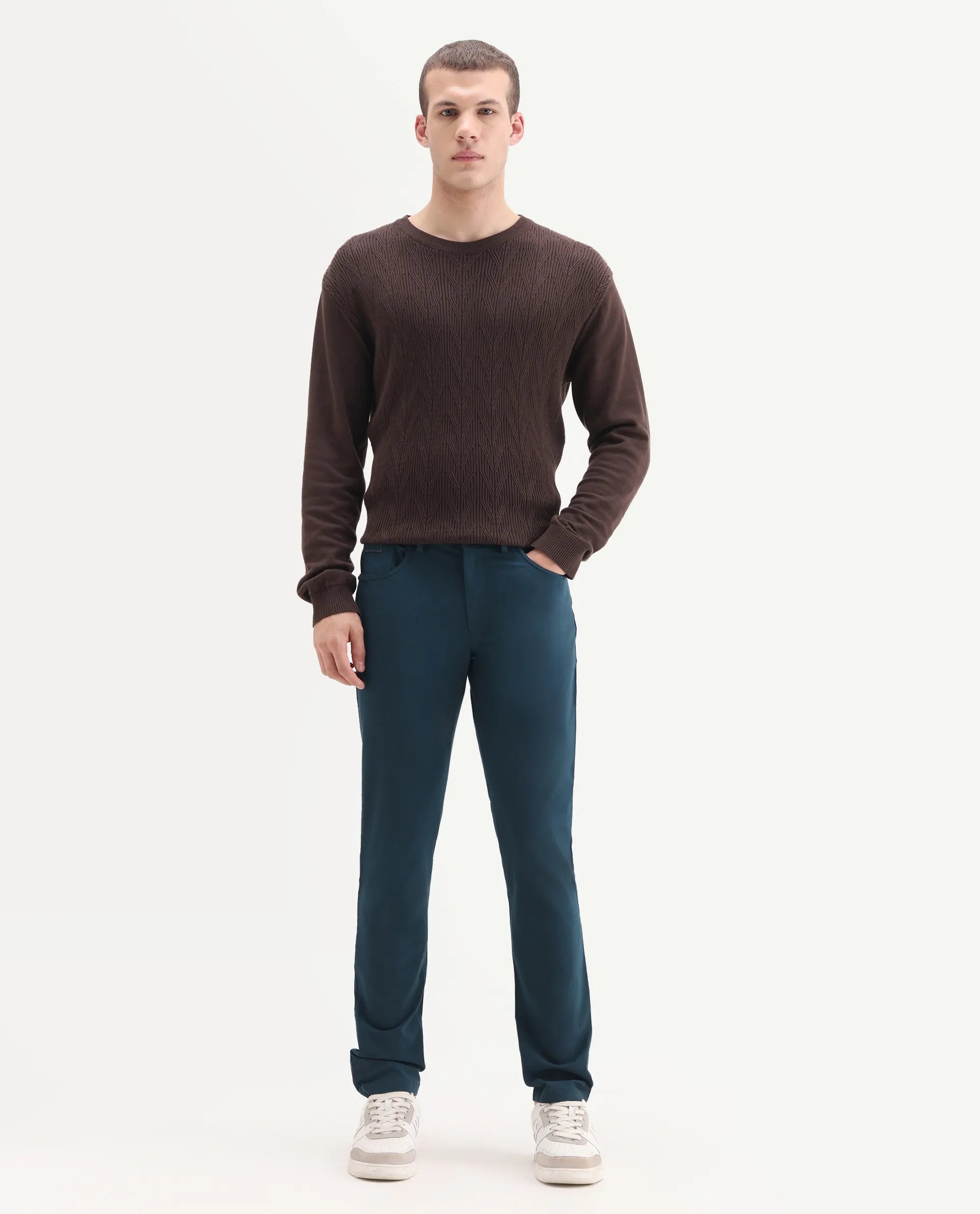 Rare Rabbit Men's Spark Dark Petrol Polyester Plain Regular Fit Trouser