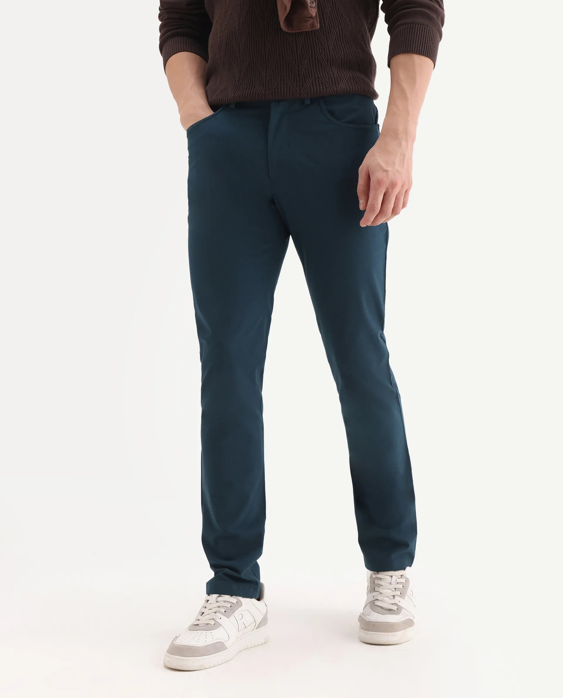 Rare Rabbit Men's Spark Dark Petrol Polyester Plain Regular Fit Trouser