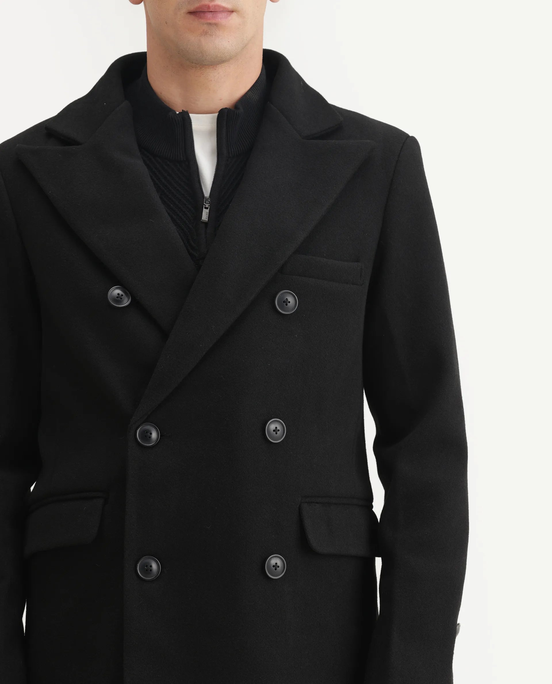 Rare Rabbit Men's Spartan-25 Black Polyester Blend Fabric Collared Neck Relaxed Plain Coat