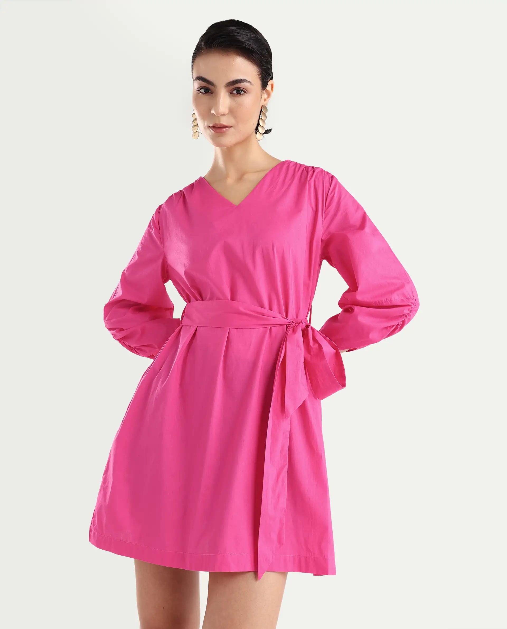 Rareism Women's Spate Pink Cotton V-Neck Plain Mini Regular Fit Dress