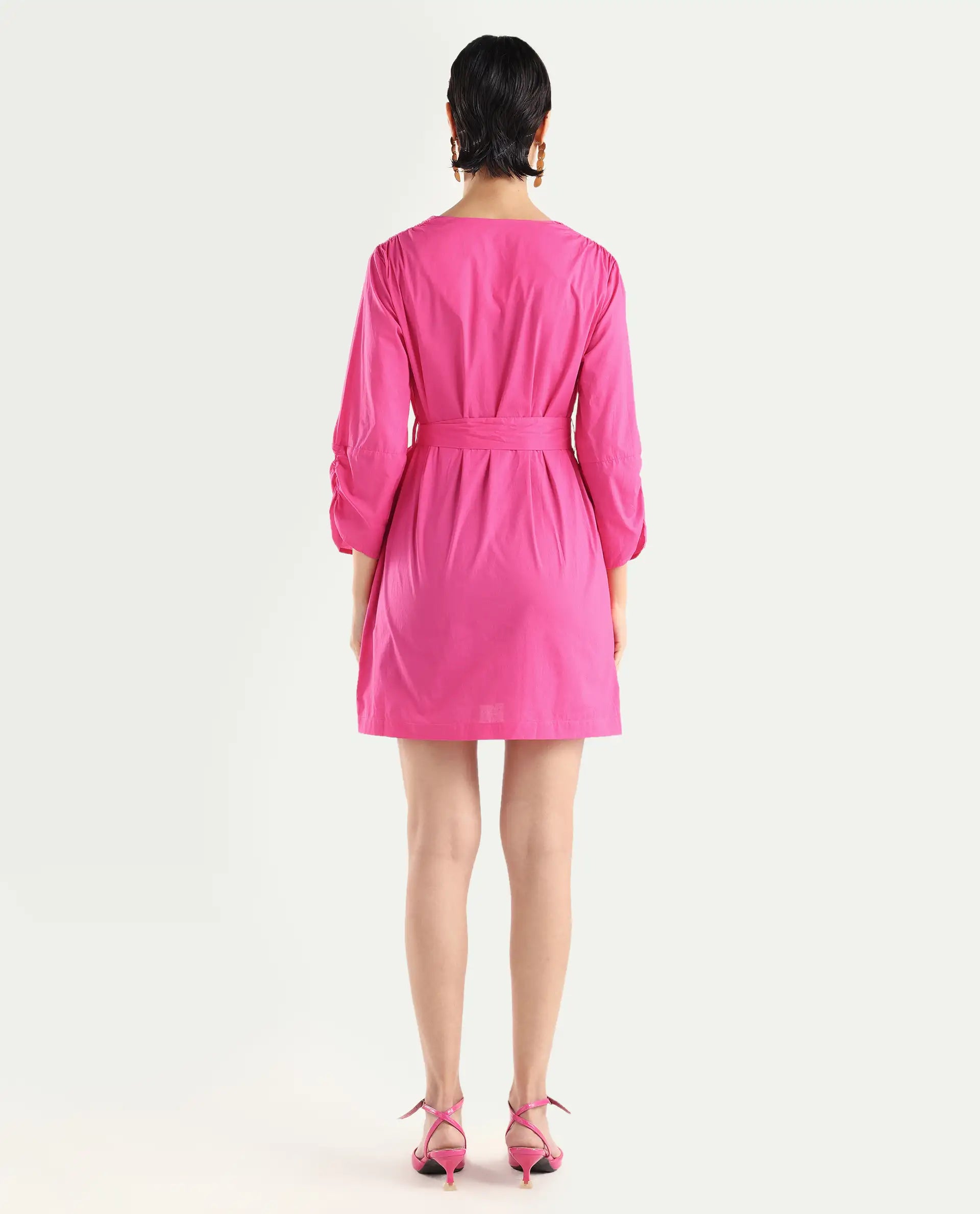 Rareism Women's Spate Pink Cotton V-Neck Plain Mini Regular Fit Dress