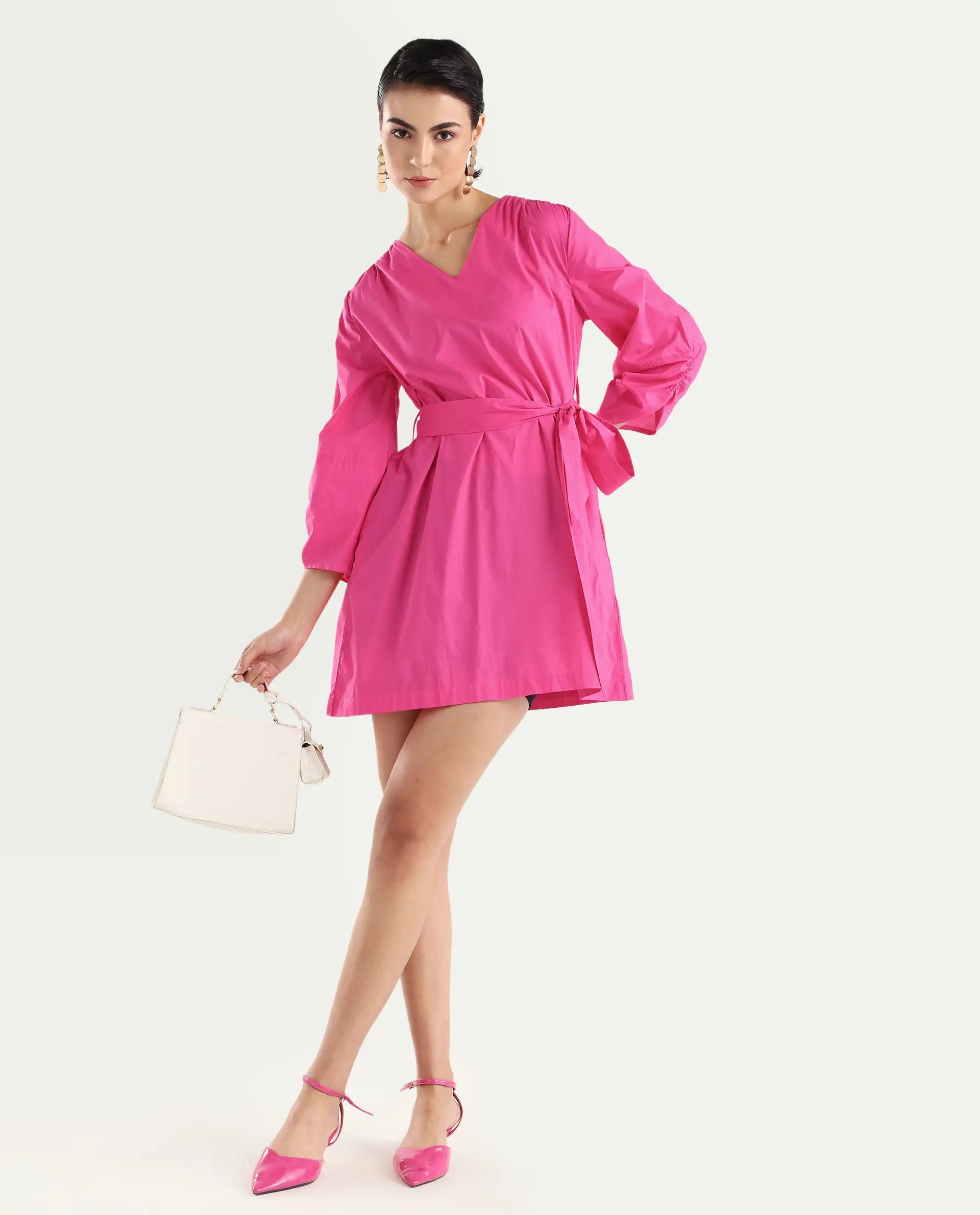 Rareism Women's Spate Pink Cotton V-Neck Plain Mini Regular Fit Dress