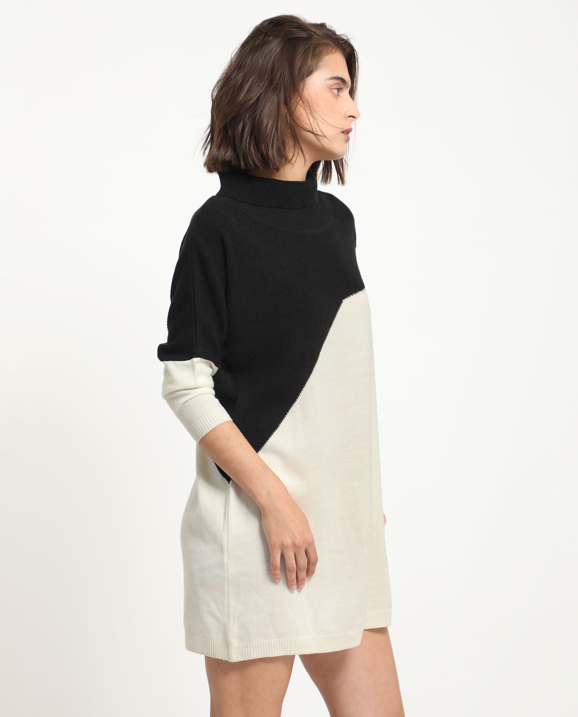 Rareism Women Spaton 2 White Acrylic Fabric Full Sleeves High Neck Regular Fit Color Blocked Knee Length Sweater