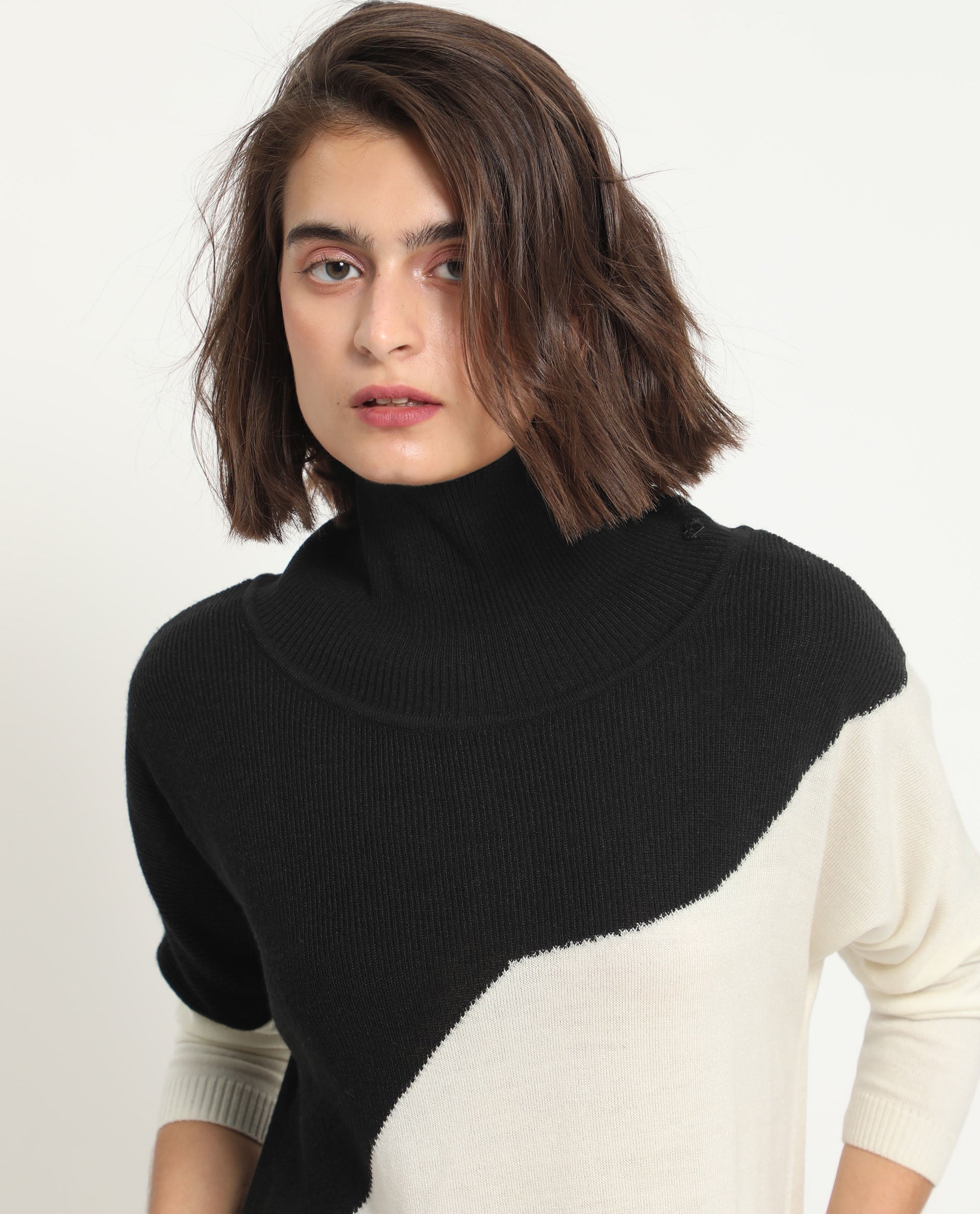 Rareism Women Spaton 2 White Acrylic Fabric Full Sleeves High Neck Regular Fit Color Blocked Knee Length Sweater