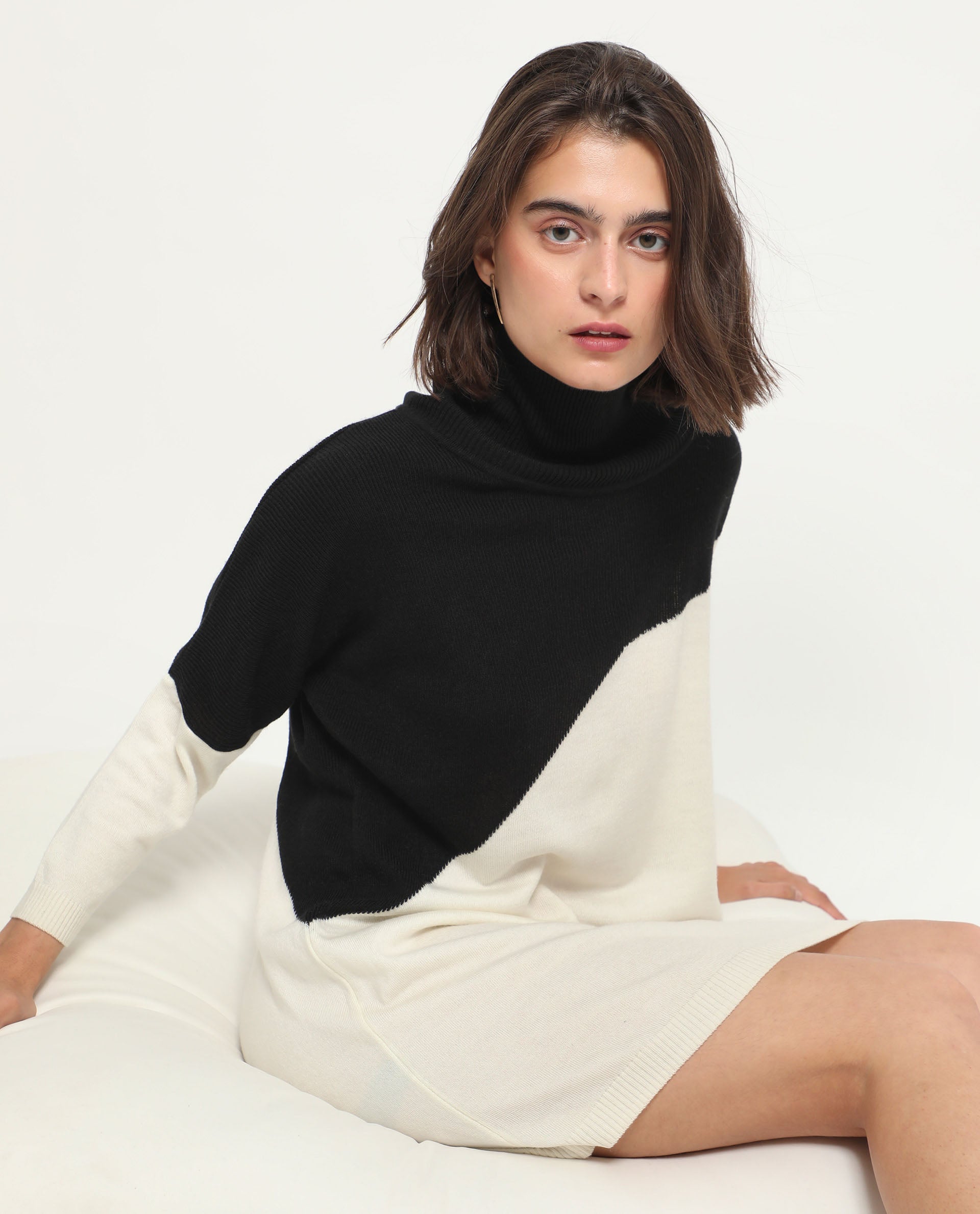 Rareism Women Spaton 2 White Acrylic Fabric Full Sleeves High Neck Regular Fit Color Blocked Knee Length Sweater