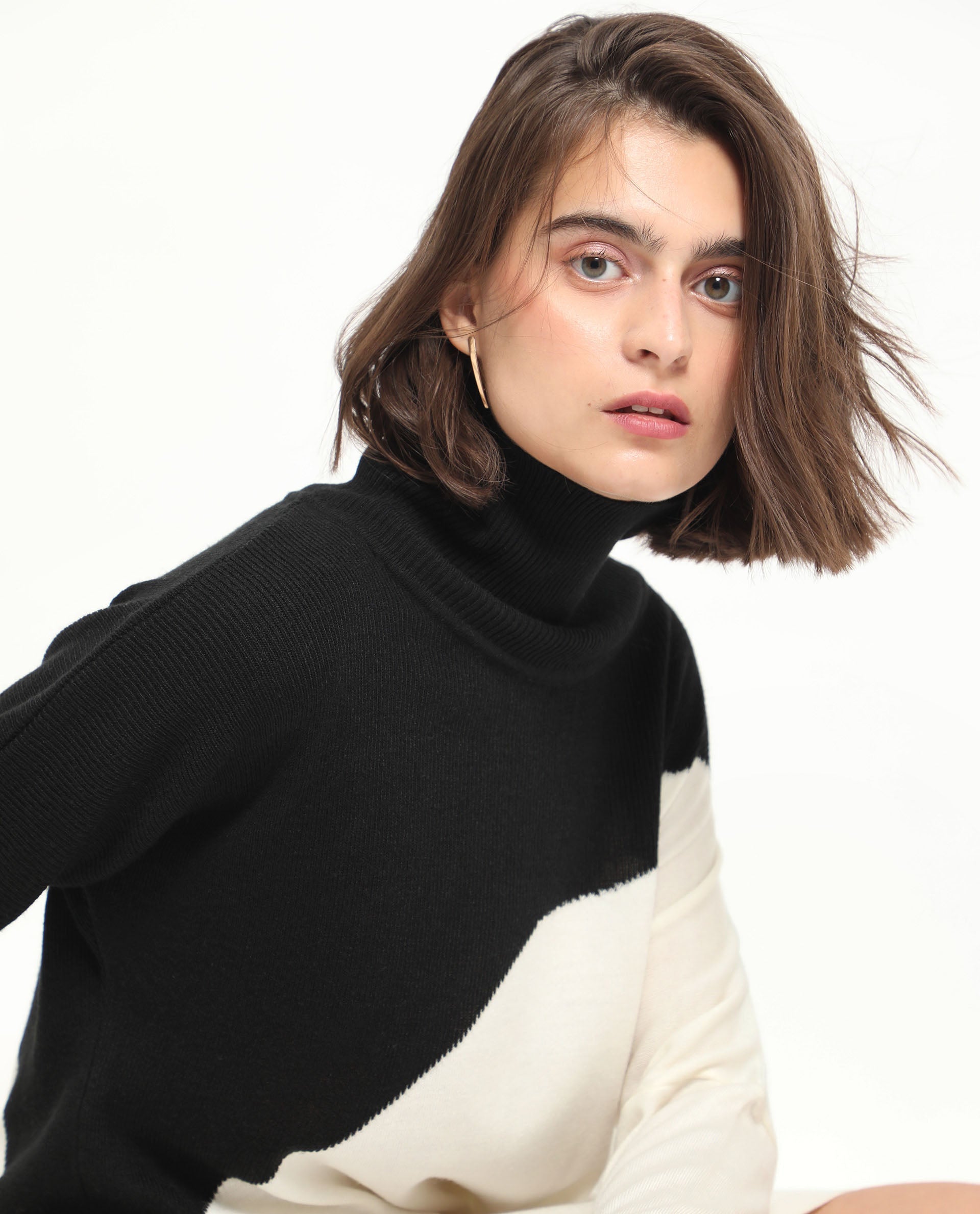 Rareism Women Spaton 2 White Acrylic Fabric Full Sleeves High Neck Regular Fit Color Blocked Knee Length Sweater