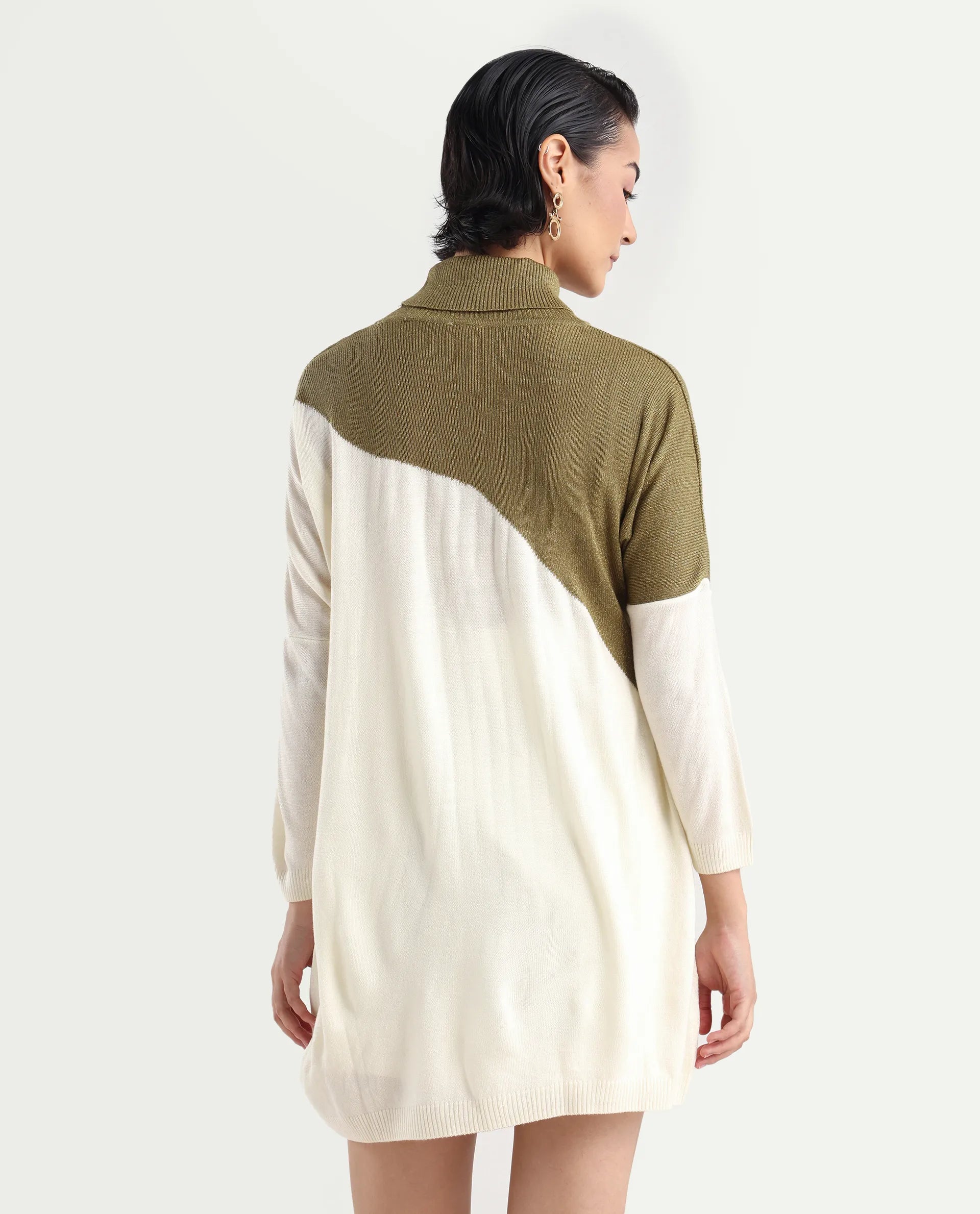 Rareism Women's Spaton White Knit Turtle Neck Plain Knee Length Straight Fit Sweater