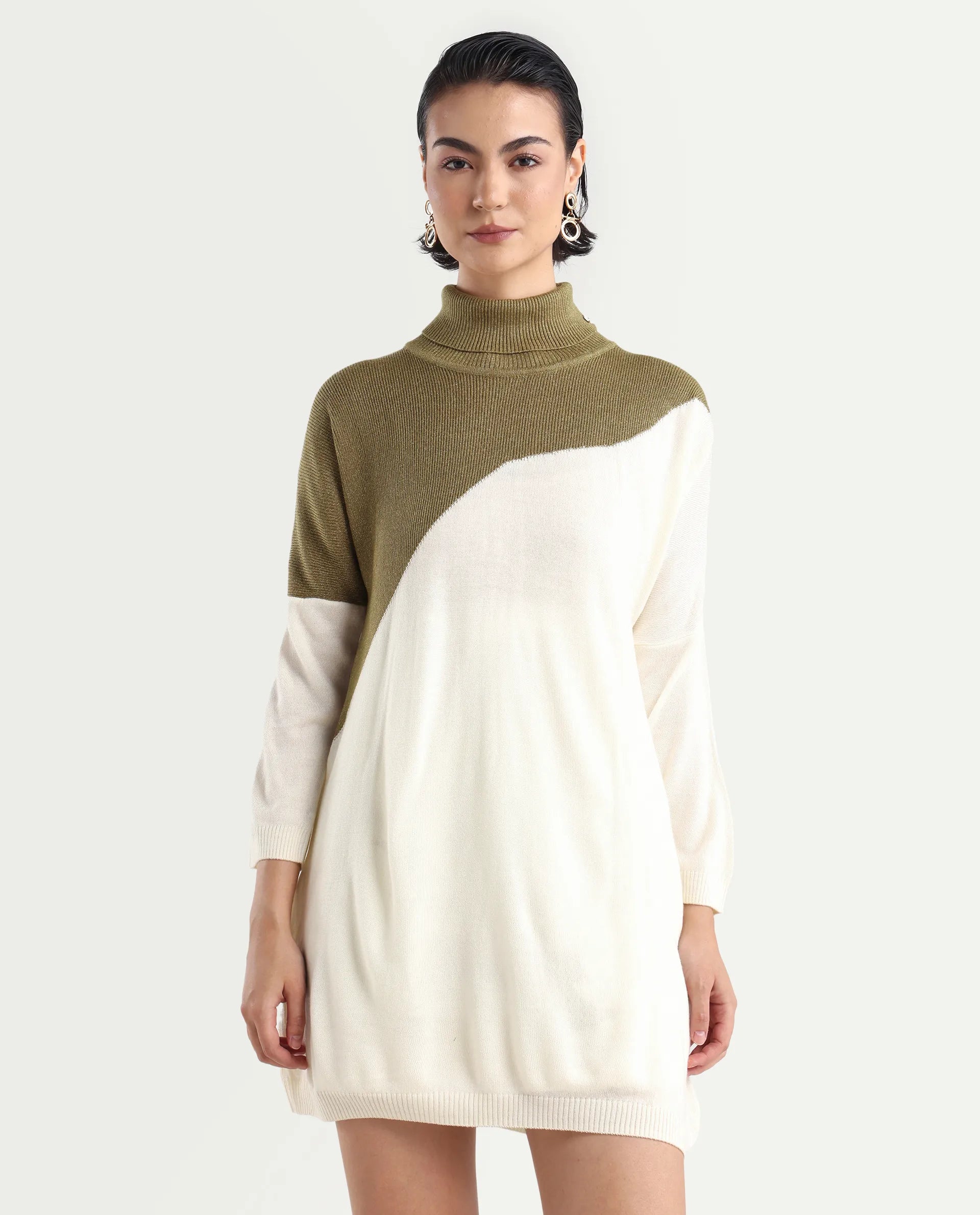 Rareism Women's Spaton White Knit Turtle Neck Plain Knee Length Straight Fit Sweater