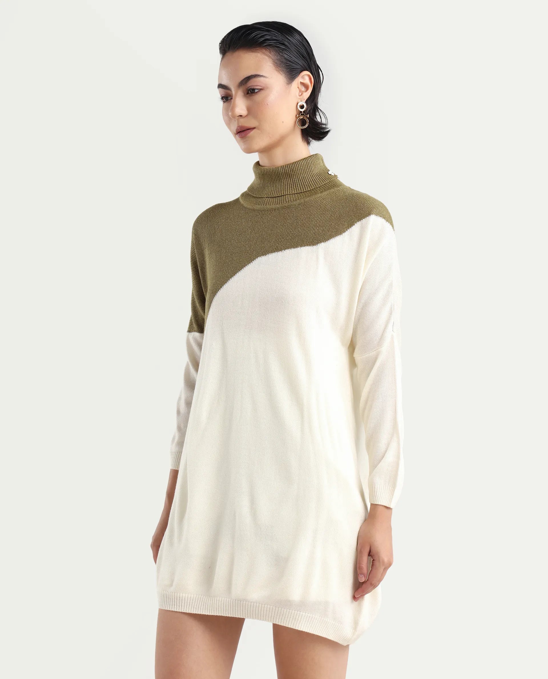 Rareism Women's Spaton White Knit Turtle Neck Plain Knee Length Straight Fit Sweater