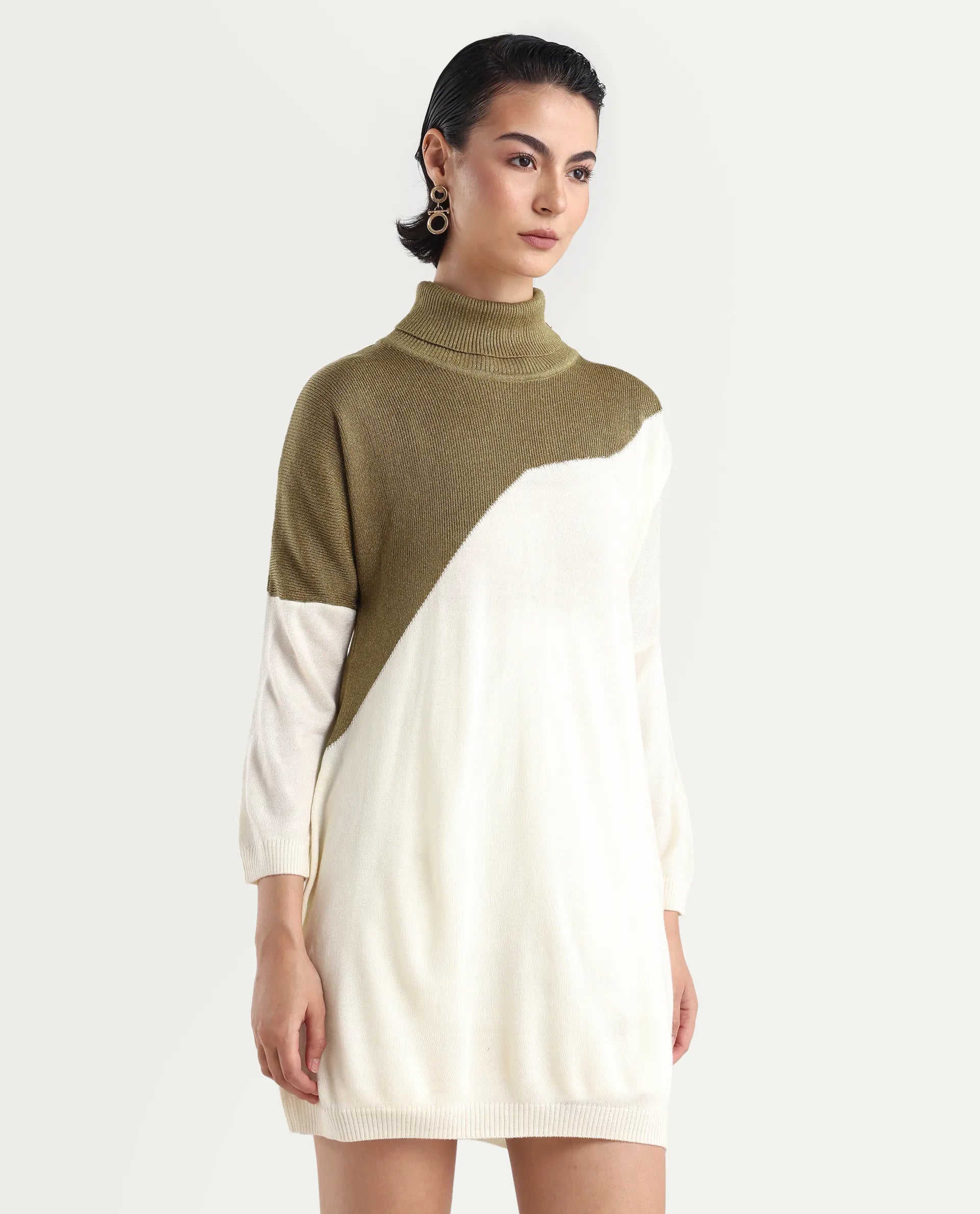 Rareism Women's Spaton White Knit Turtle Neck Plain Knee Length Straight Fit Sweater