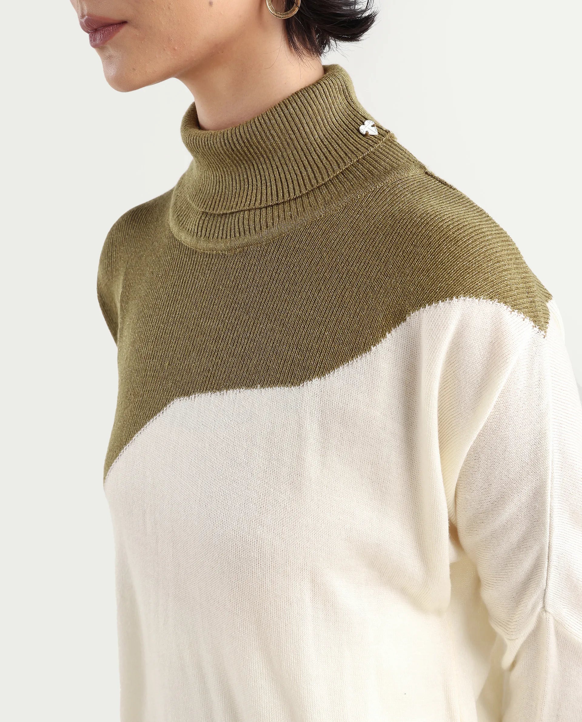 Rareism Women's Spaton White Knit Turtle Neck Plain Knee Length Straight Fit Sweater