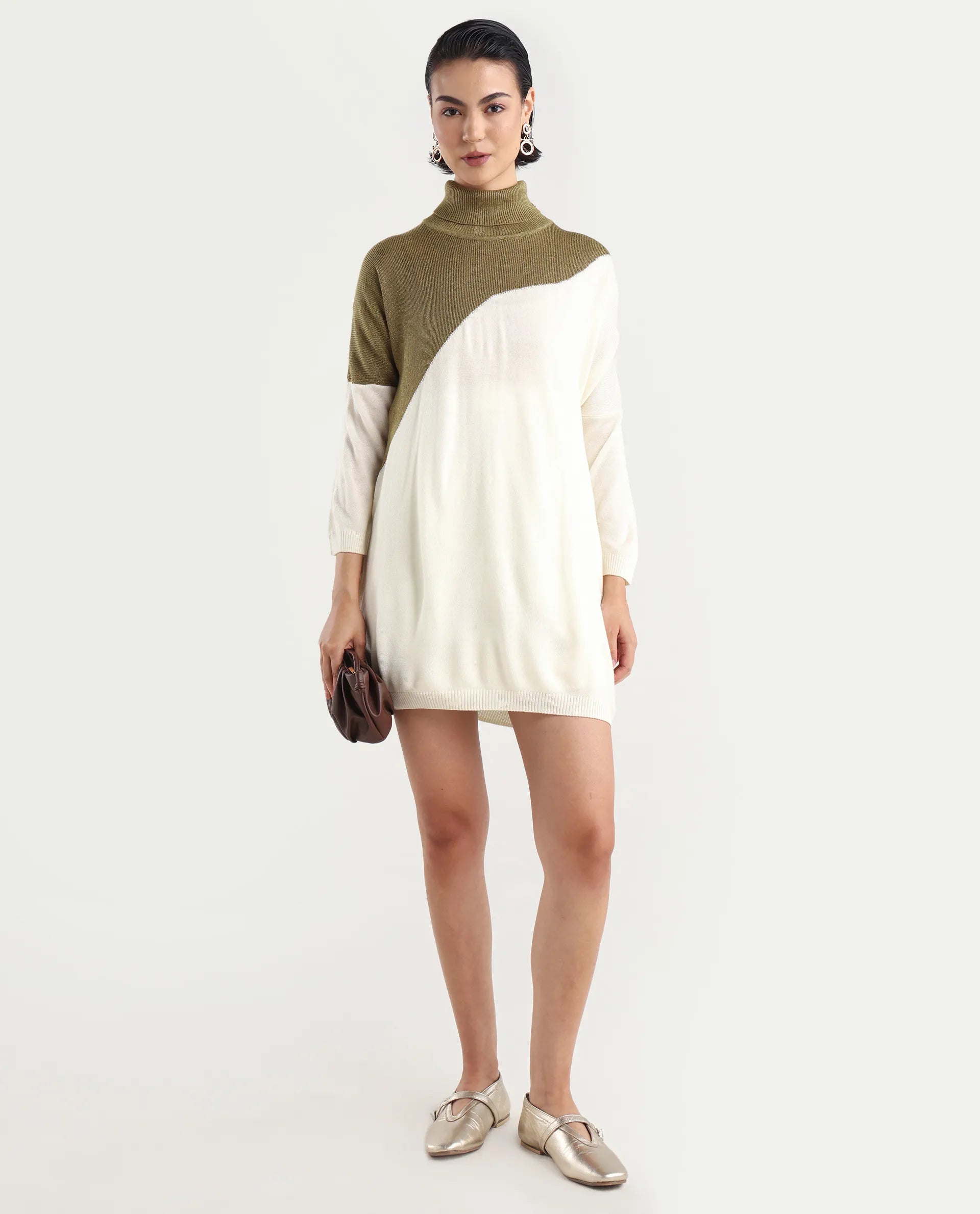 Rareism Women's Spaton White Knit Turtle Neck Plain Knee Length Straight Fit Sweater