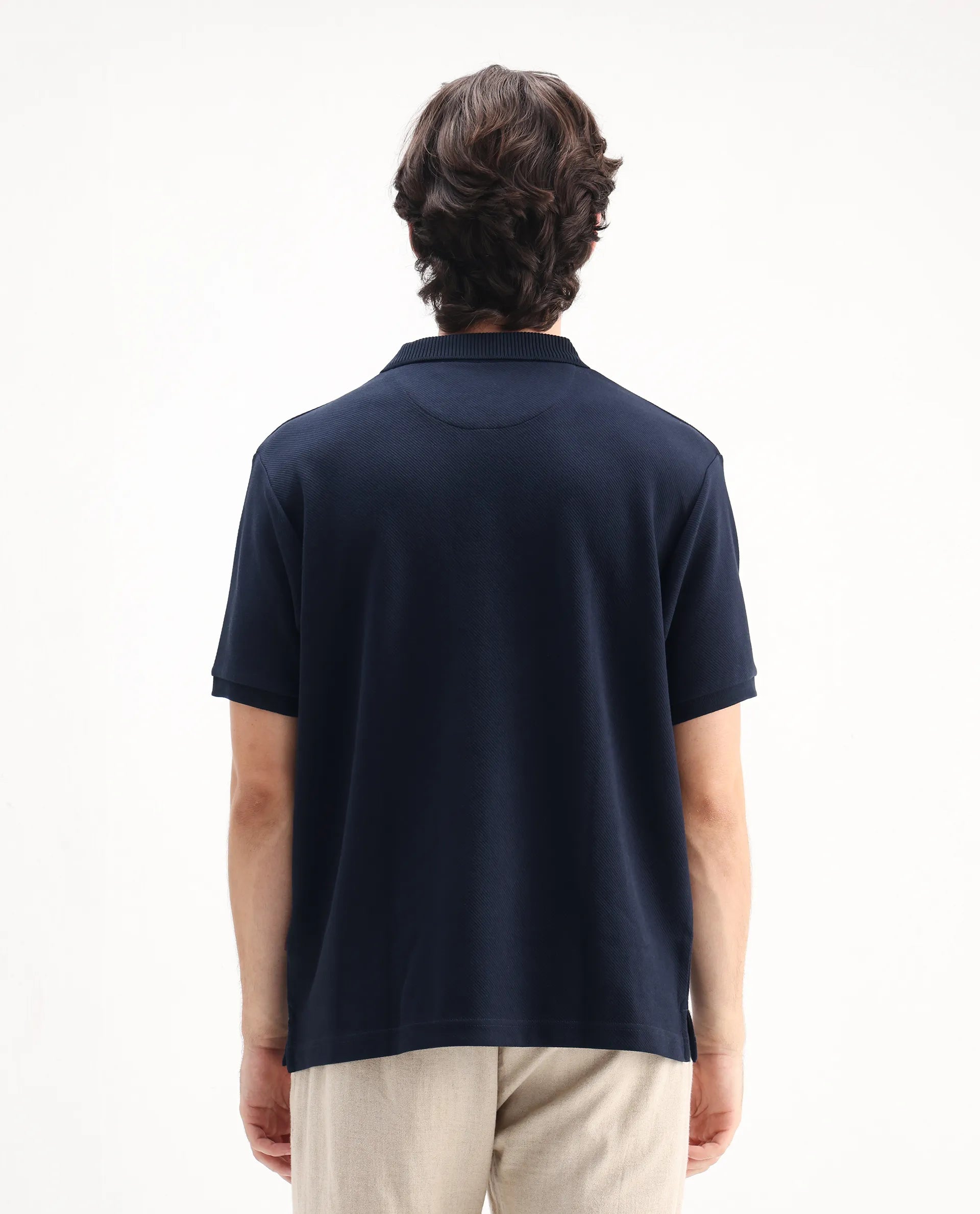 Rare Rabbit Men's Spec Navy Twill Plain Oversized Fit Half Sleeve Polo